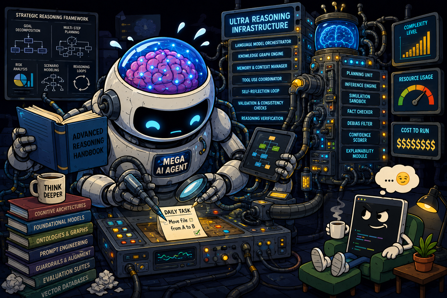 Wrong tool cartoon placeholder: an oversized AI agent using elaborate reasoning infrastructure to perform a tiny scheduled task while a simple script watches from the corner.