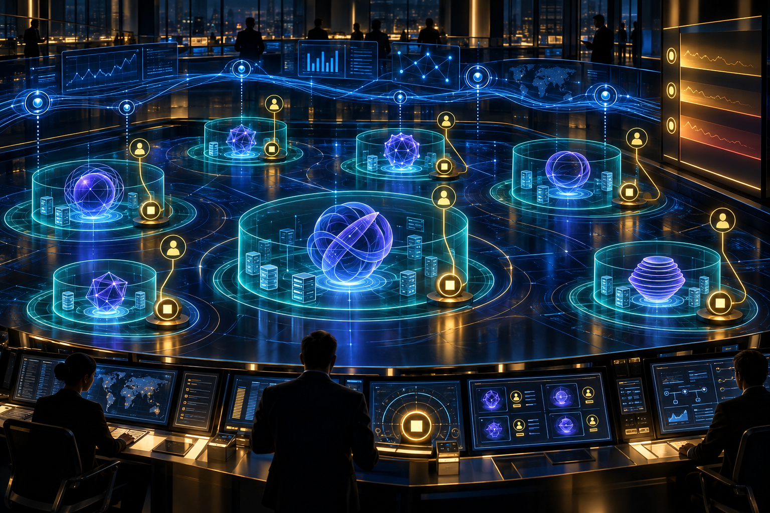 A composed, low-drama enterprise operations view where governed AI agents run inside deny-by-default boundaries, independent watchers track behavior, graduated thresholds sit ready, and every agent shows a named owner and a tested stop control.