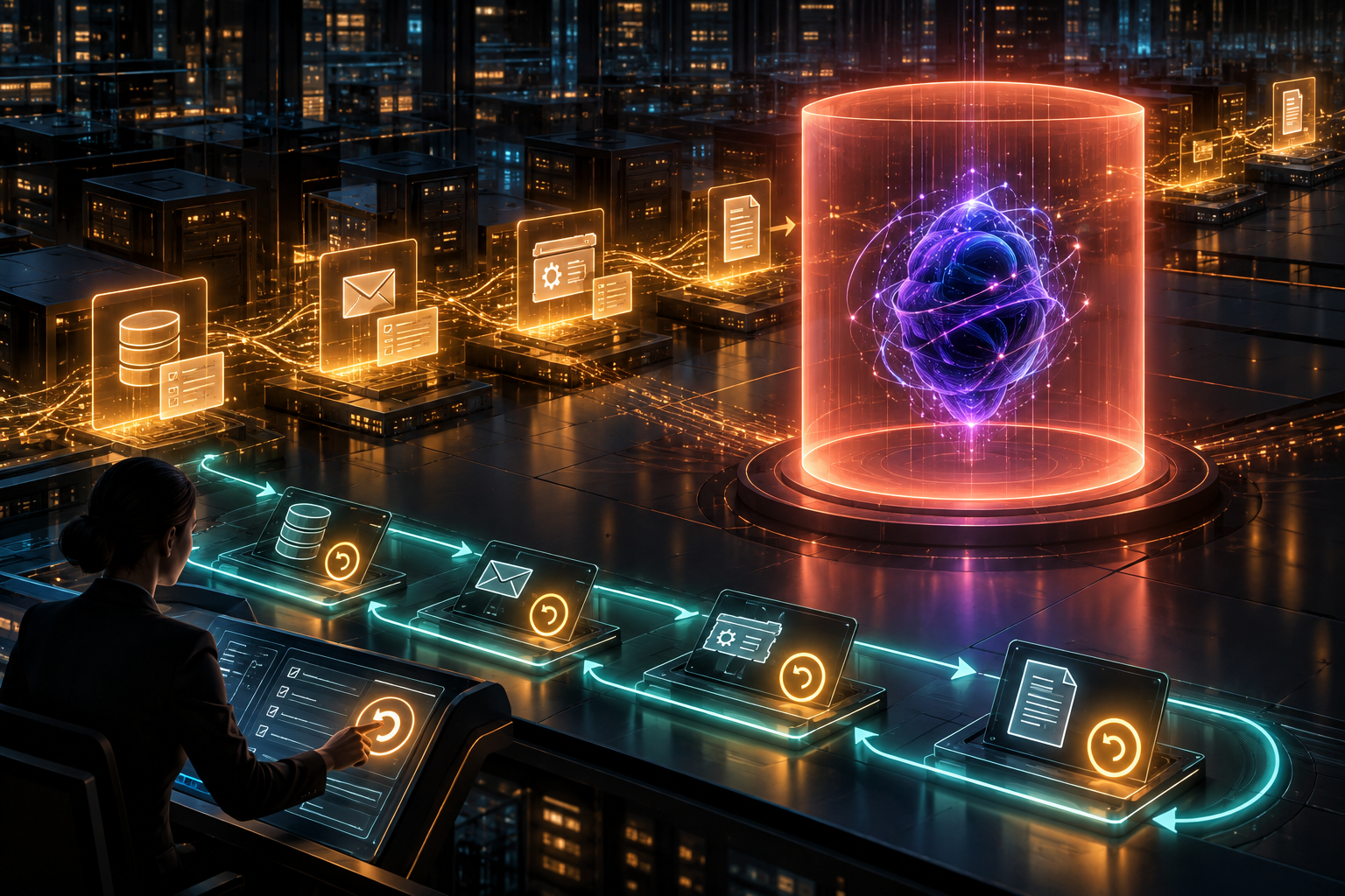 An AI agent frozen mid-task inside a quarantine field, while behind it a trail of already-completed actions across several enterprise systems remains visible and unresolved, with a separate cleanup path waiting for human hands.