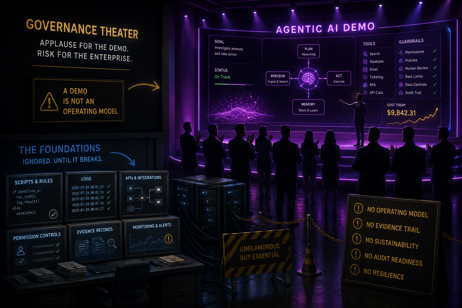 Governance theater visual: leaders admiring a shiny agentic AI demo while simple scripts, rules, logs, and controls sit ignored on the floor.