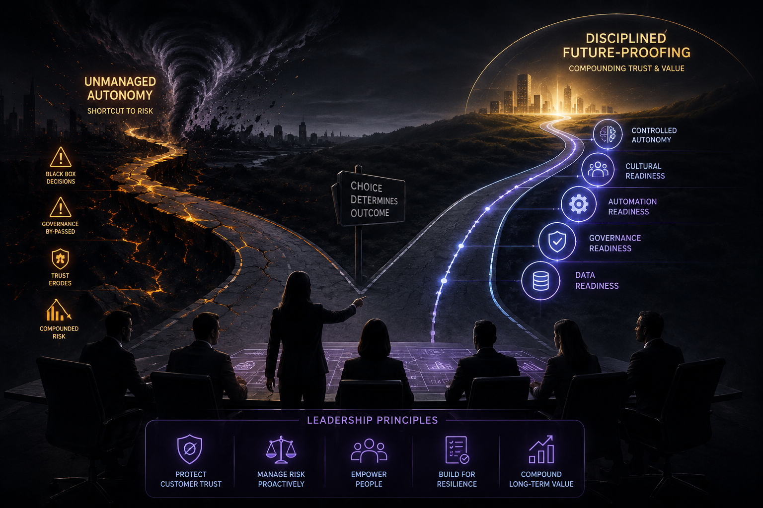 Leadership visual showing executives choosing a disciplined future-proofing path across data, governance, automation continuum, culture, and controlled agentic AI instead of racing directly toward unmanaged autonomy.