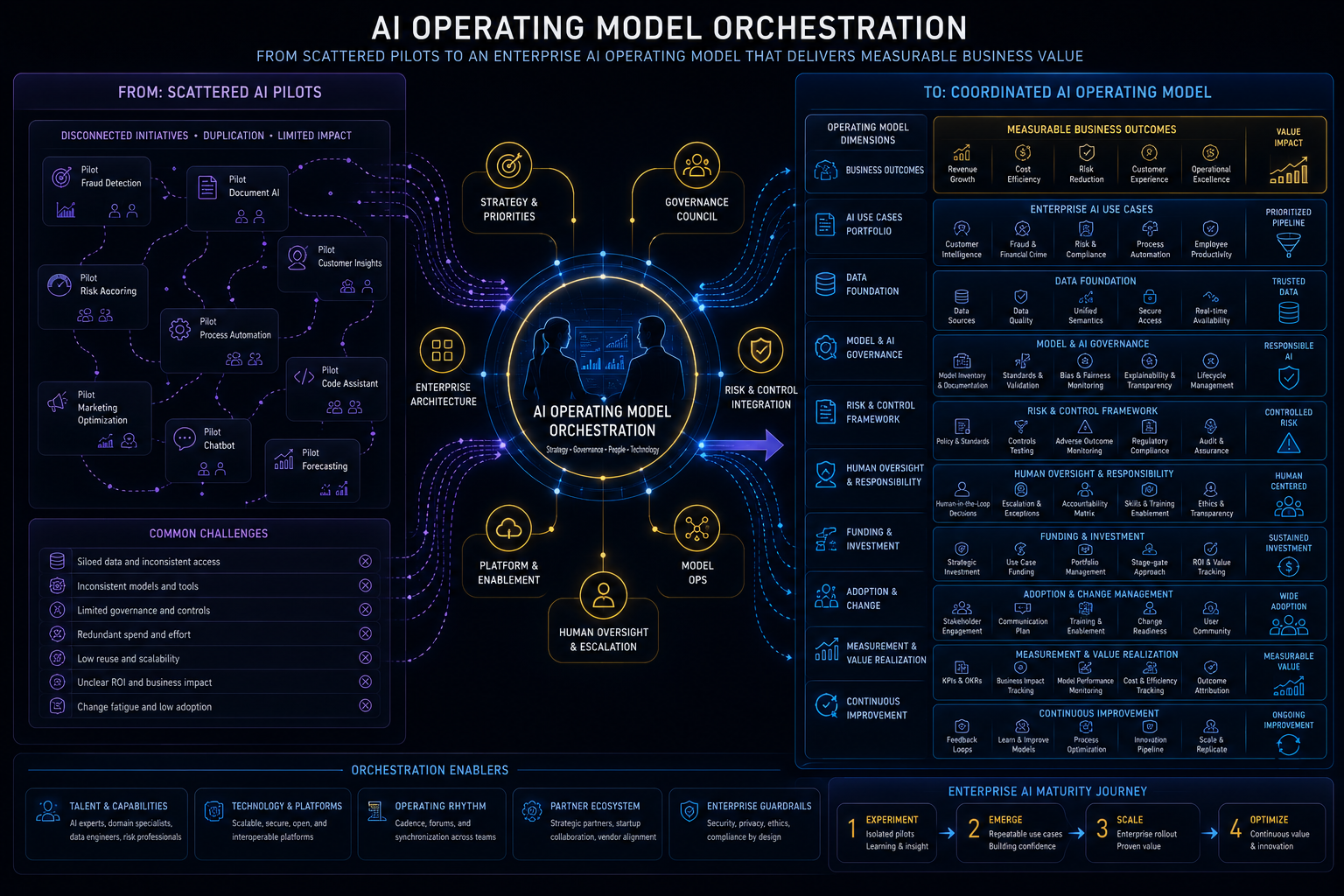 AI operating model orchestration visual placeholder: AI initiatives, governance, risk, data, funding, talent, customer outcomes, and operating model change connected through an orchestration layer.