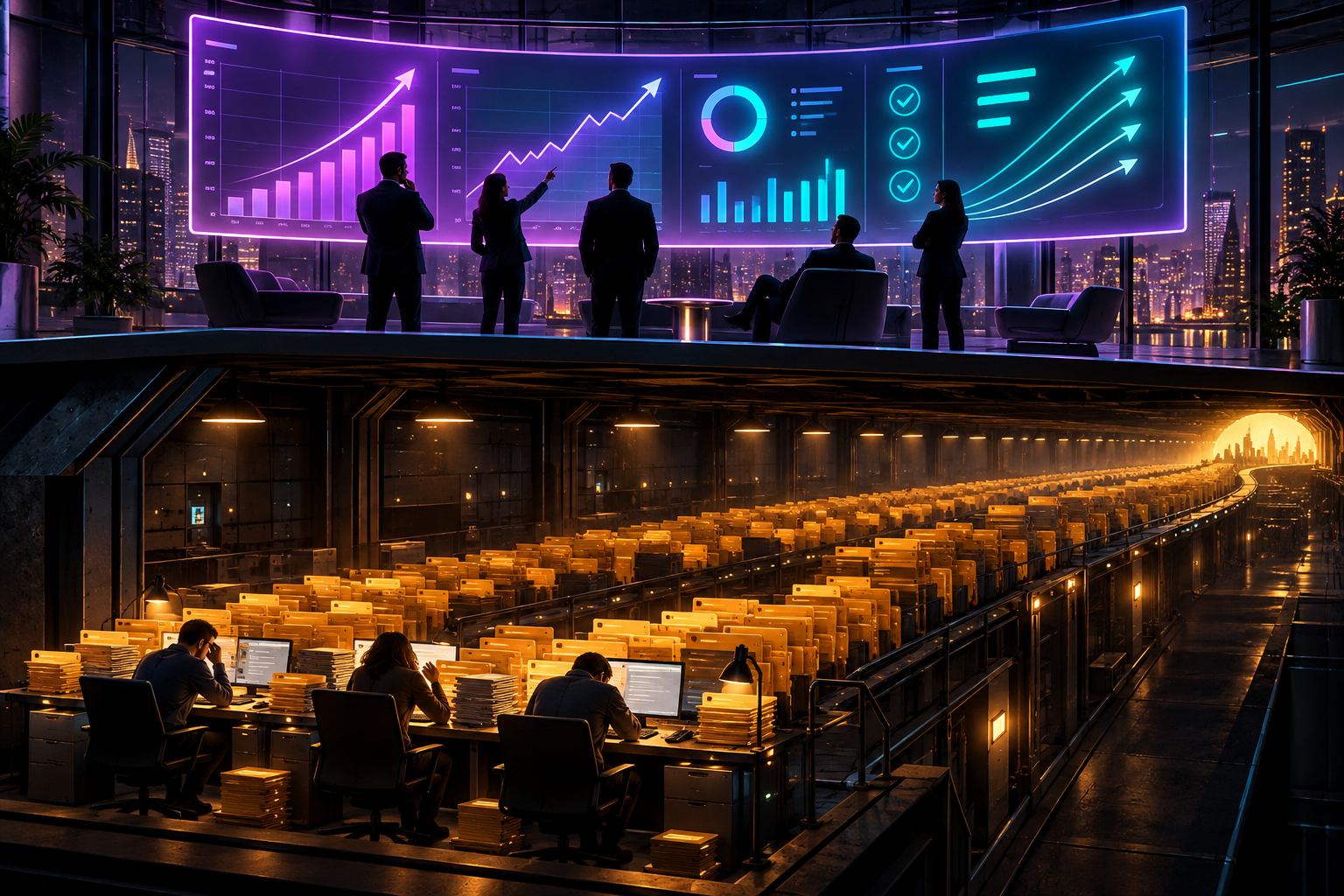 A satirical executive dashboard glowing with impressive AI productivity numbers on top, while beneath the dashboard surface a long, stalled queue of untested changes waits for validation.