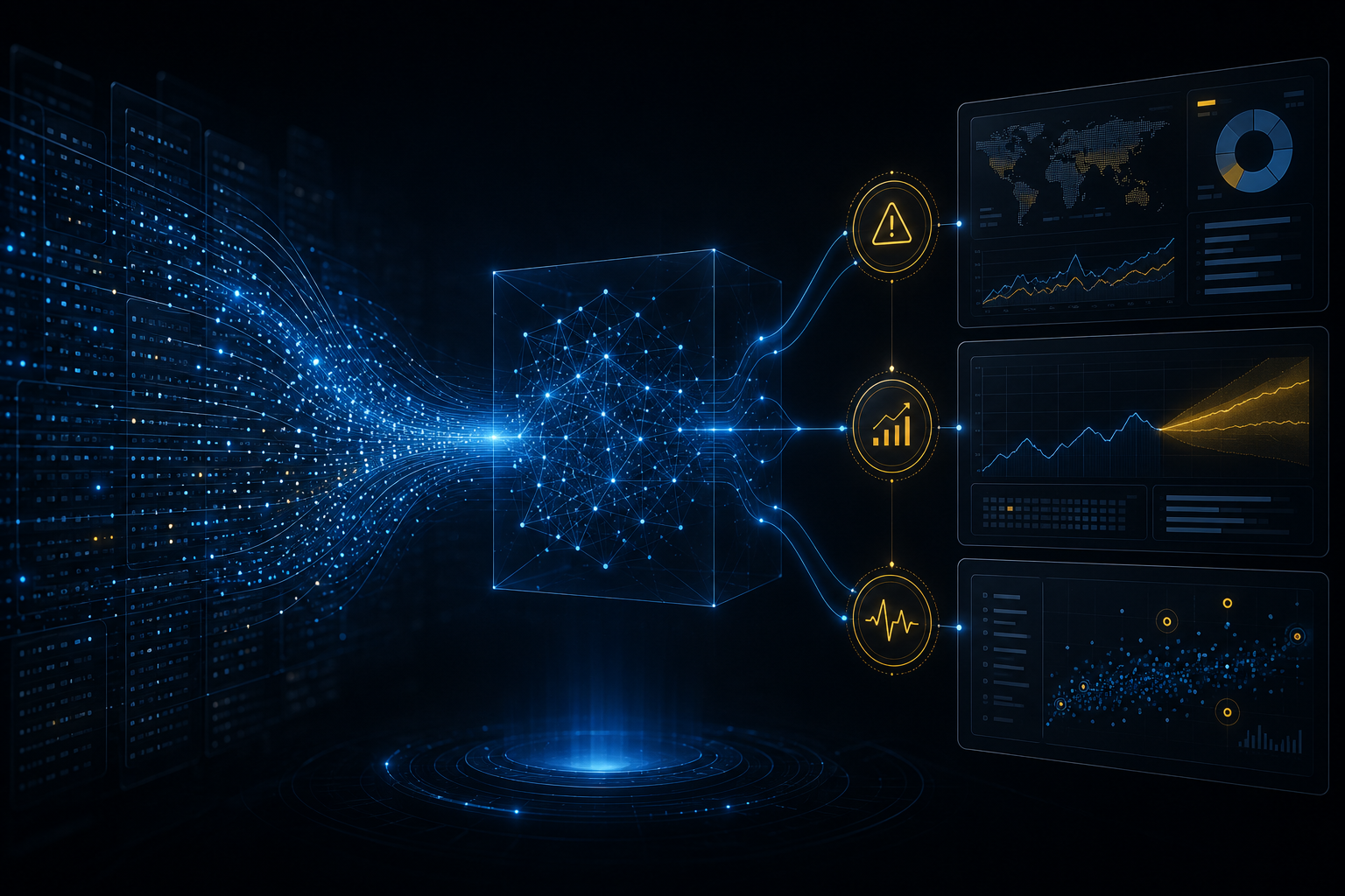 Predictive and analytical AI visual placeholder: a calm data intelligence visual showing signals emerging from large datasets into risk, forecast, and anomaly insights without autonomous action.
