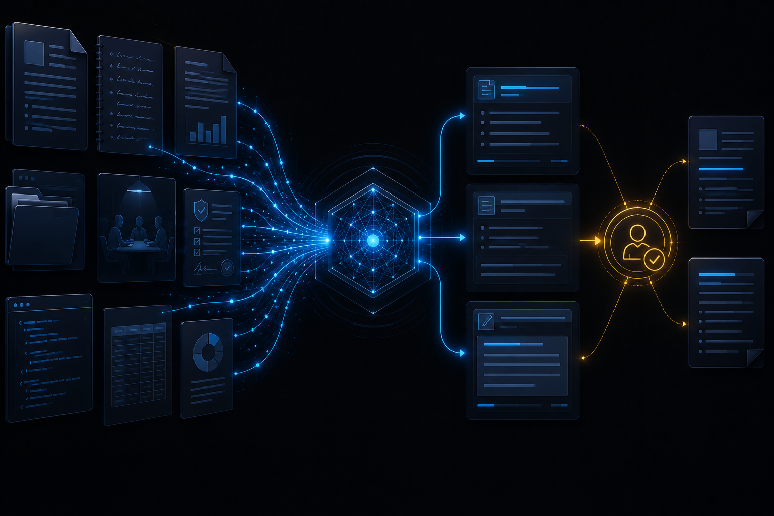 Generative AI visual placeholder: a serene dark-mode visual showing scattered documents, meeting notes, policies, and code snippets being synthesized into clear summaries and drafts, with a human reviewing the output.
