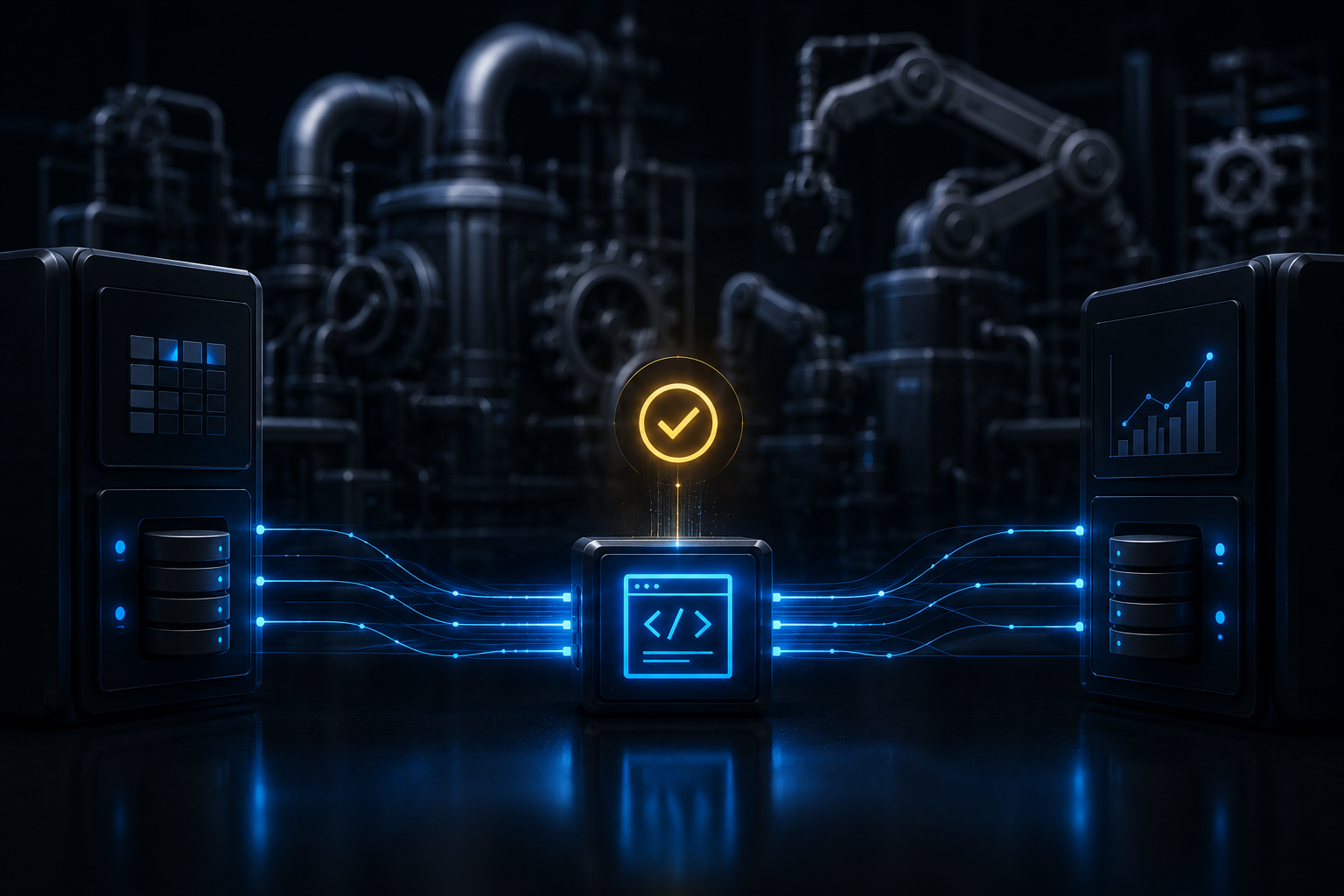 Script automation layer visual placeholder: a clean serene dark-mode visual showing a small reliable script quietly moving data between systems while larger automation machinery stays unused in the background.