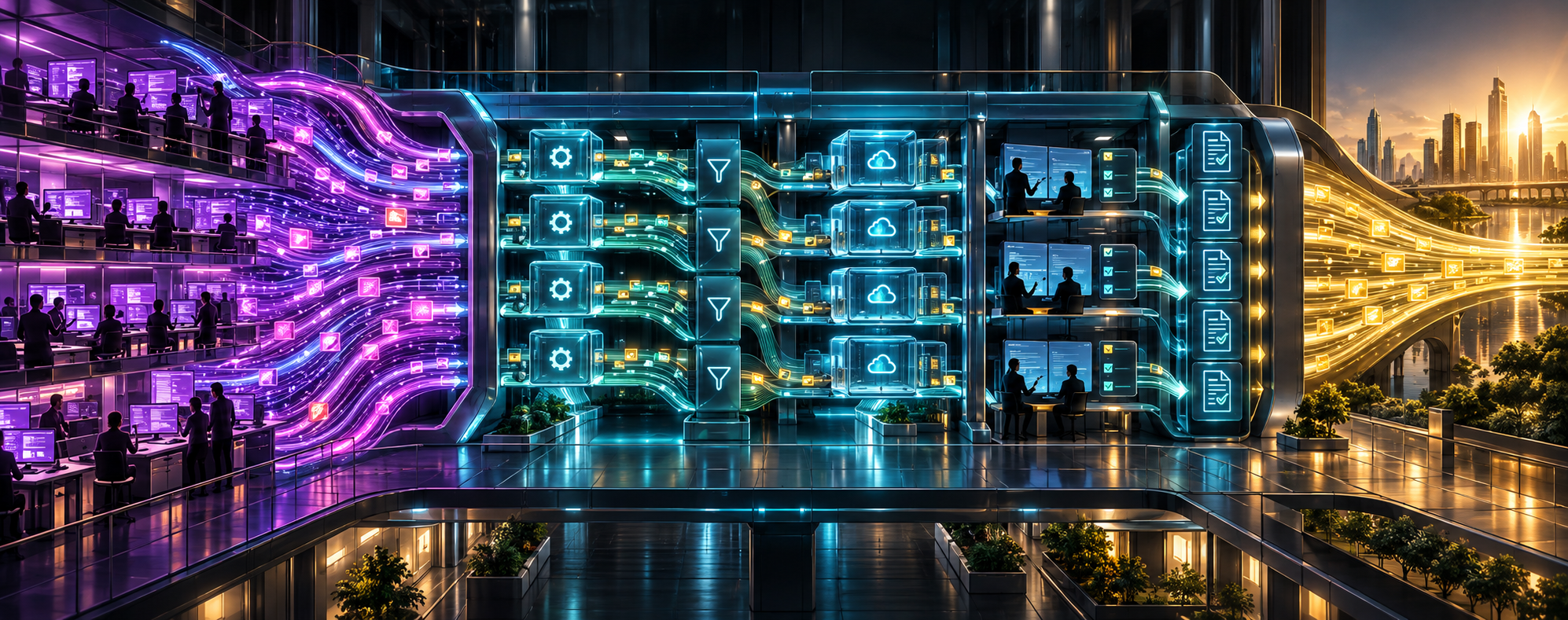 A balanced delivery pipeline where AI-accelerated development feeds into an equally scaled validation layer with automated checks, smart test selection, ephemeral environments, and continuous evidence capture, producing a steady flow of changes into production.