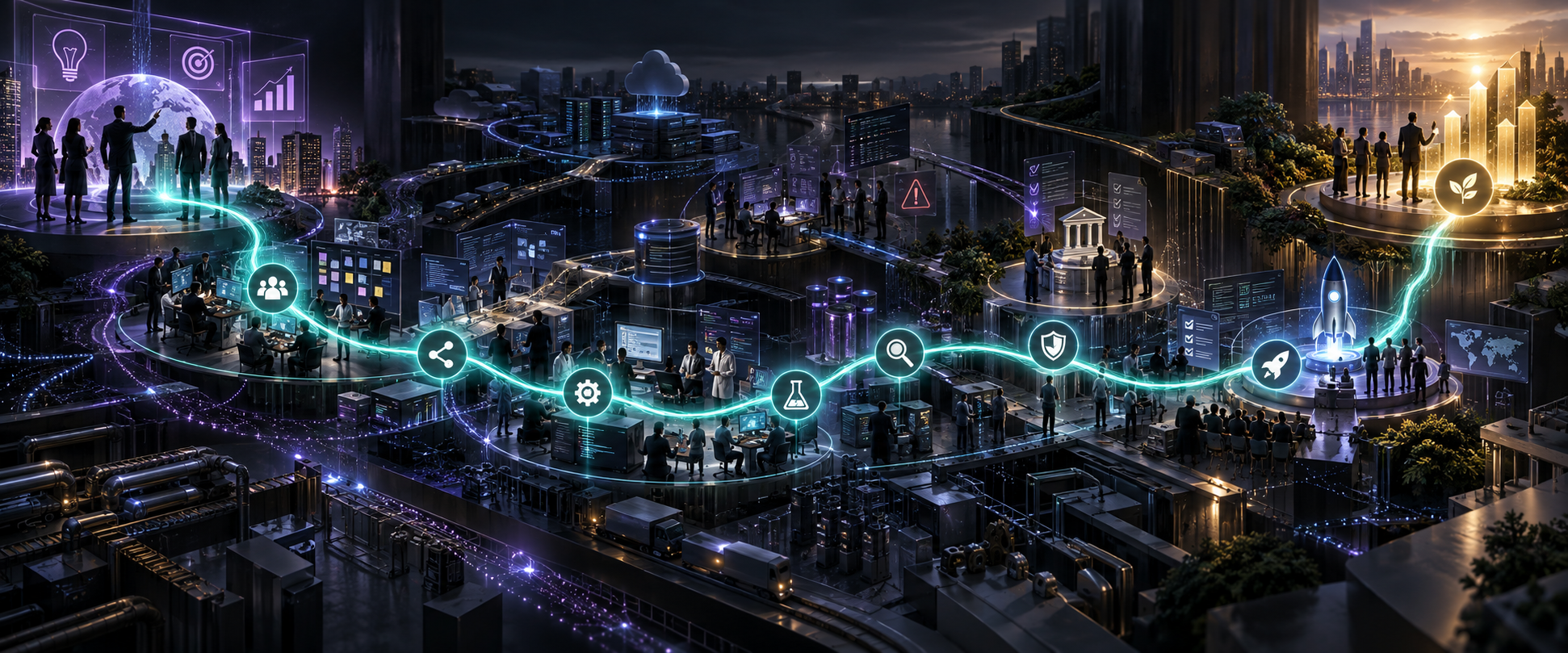 Serene connected thread visual placeholder: a single glowing thread running through intent, work, evidence, readiness, risk, and value across a dark enterprise landscape.