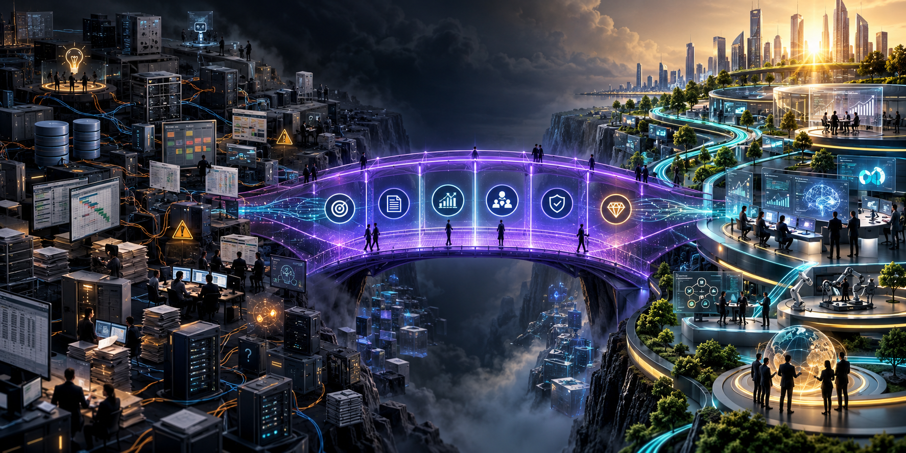 Current to future bridge visual placeholder: a premium dark-mode bridge spanning current-state delivery/governance complexity to future-state AI-enabled operating model, with BRIDGE forming the transition path.