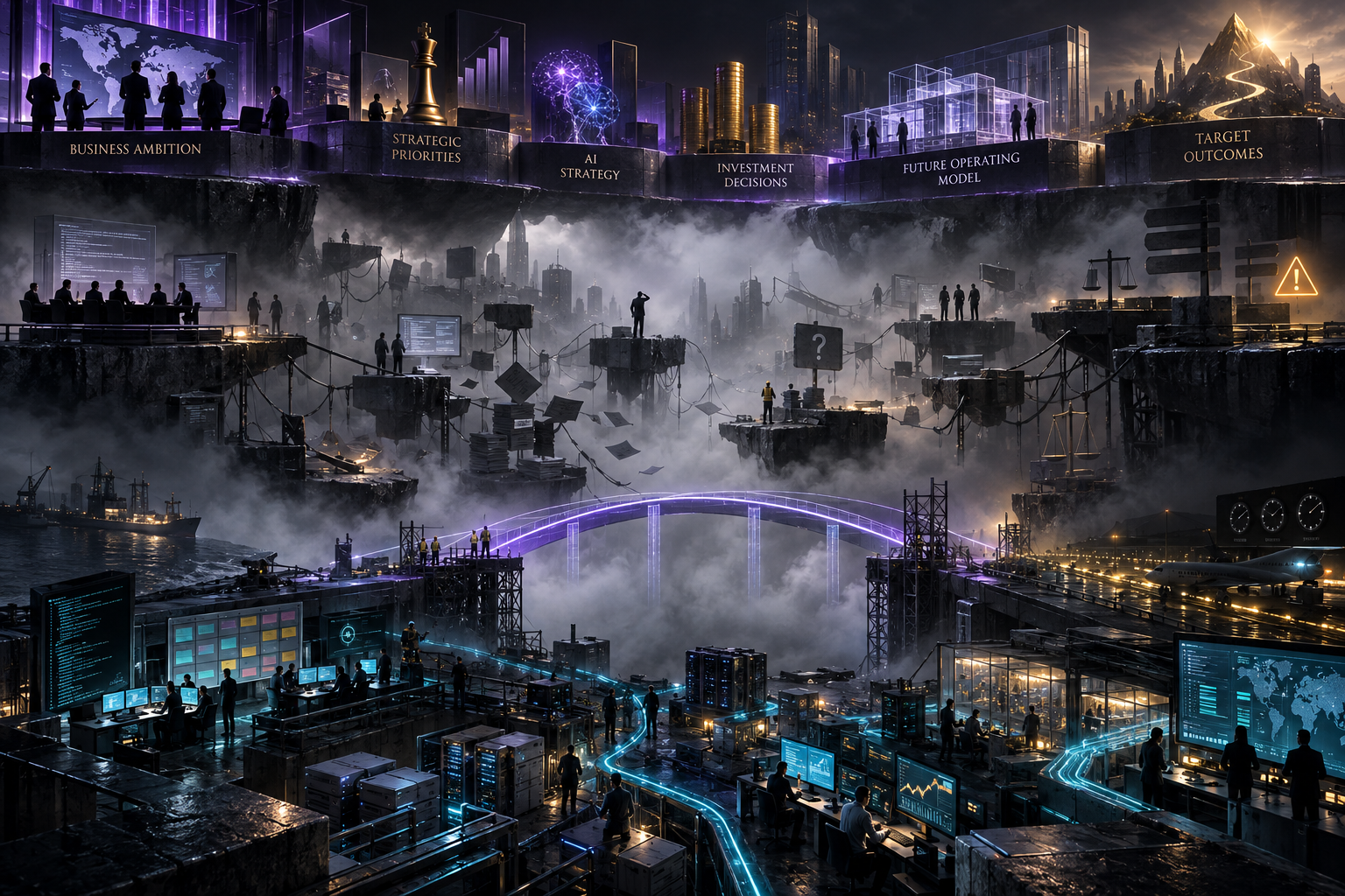 Messy middle visual placeholder: a high-level strategy layer and ground-level delivery layer separated by fog, fragmented signals, broken dependencies, and scattered evidence, with BRIDGE beginning to connect them.