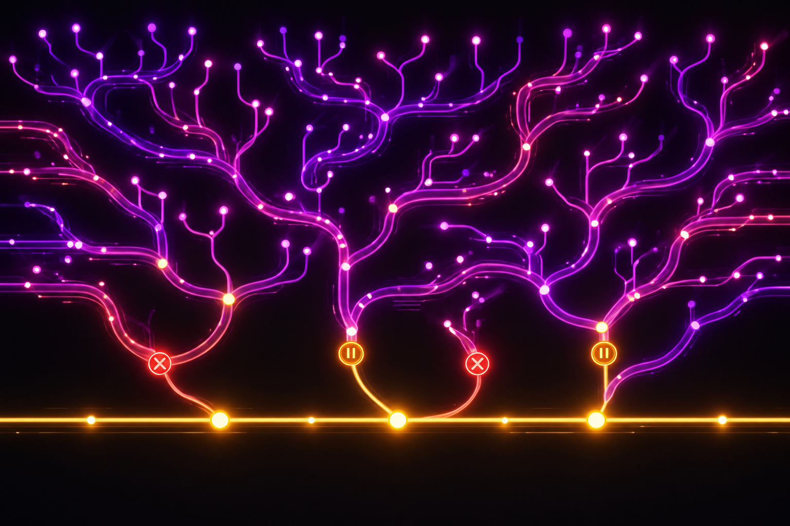 A split visual showing a busy, glowing feature-branch lane with heavy activity on one side, and a thin, dimmer main-branch lane on the other where only a small fraction of the work arrives.
