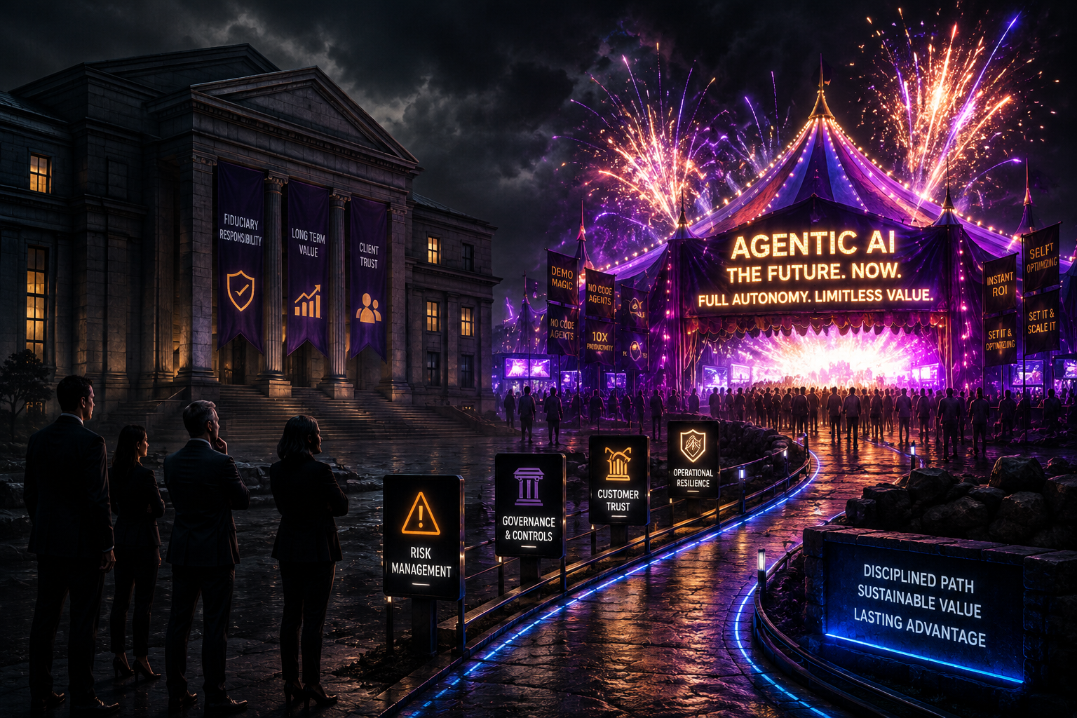 Cinematic satirical visual of a cautious Financial Services institution standing outside a glowing fireworks tent labeled agentic AI hype, with risk, governance, customer trust, and operational resilience visible as guardrails.