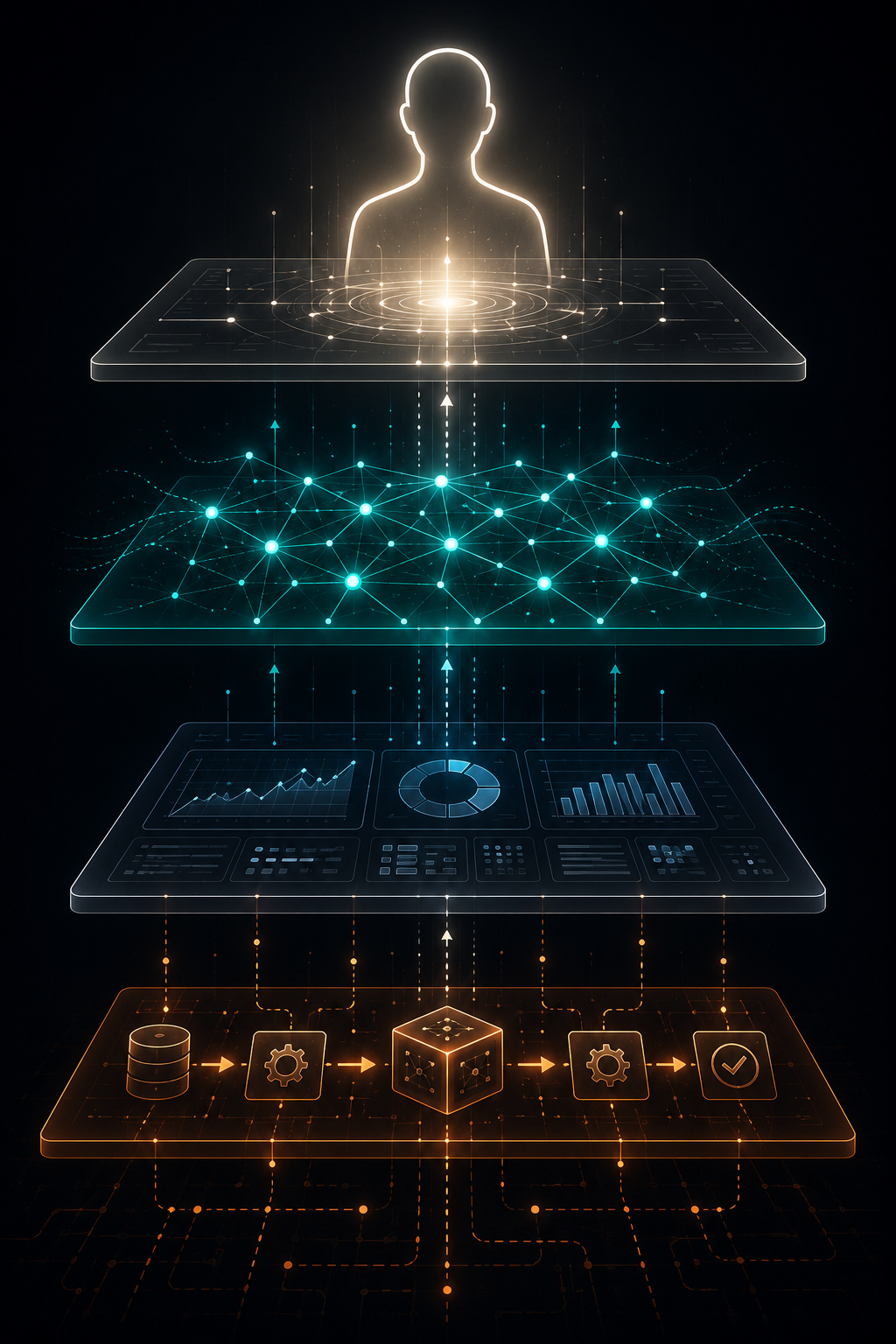 Visual placeholder: a layered diagram showing deterministic automation, analytical tooling, and agentic reasoning stacked beneath human judgment.