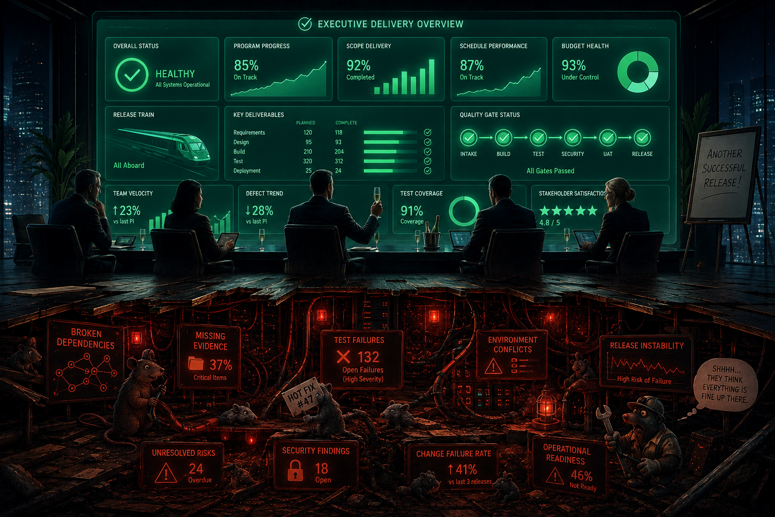 Visual: beautiful green dashboard on the surface with hidden red release risks, broken dependencies, missing evidence, and test failures burning underneath.