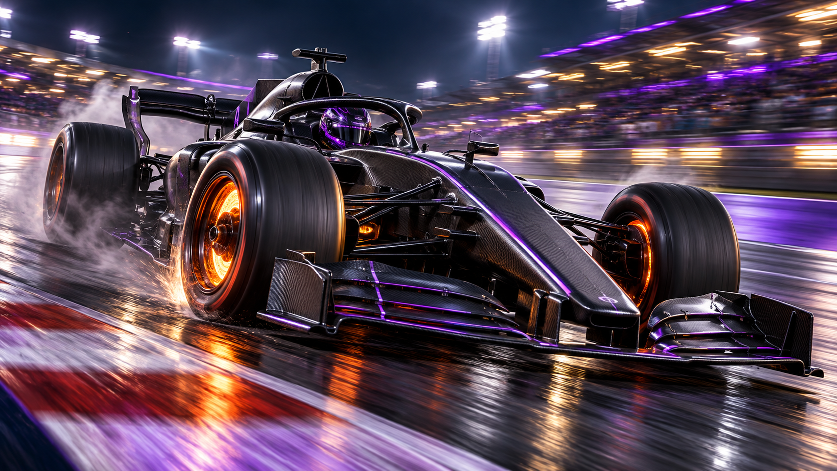 A Formula 1 car braking hard into a corner at night, carbon brake discs glowing orange through the wheels, captured with motion blur that shows the car still carrying tremendous speed into the turn.