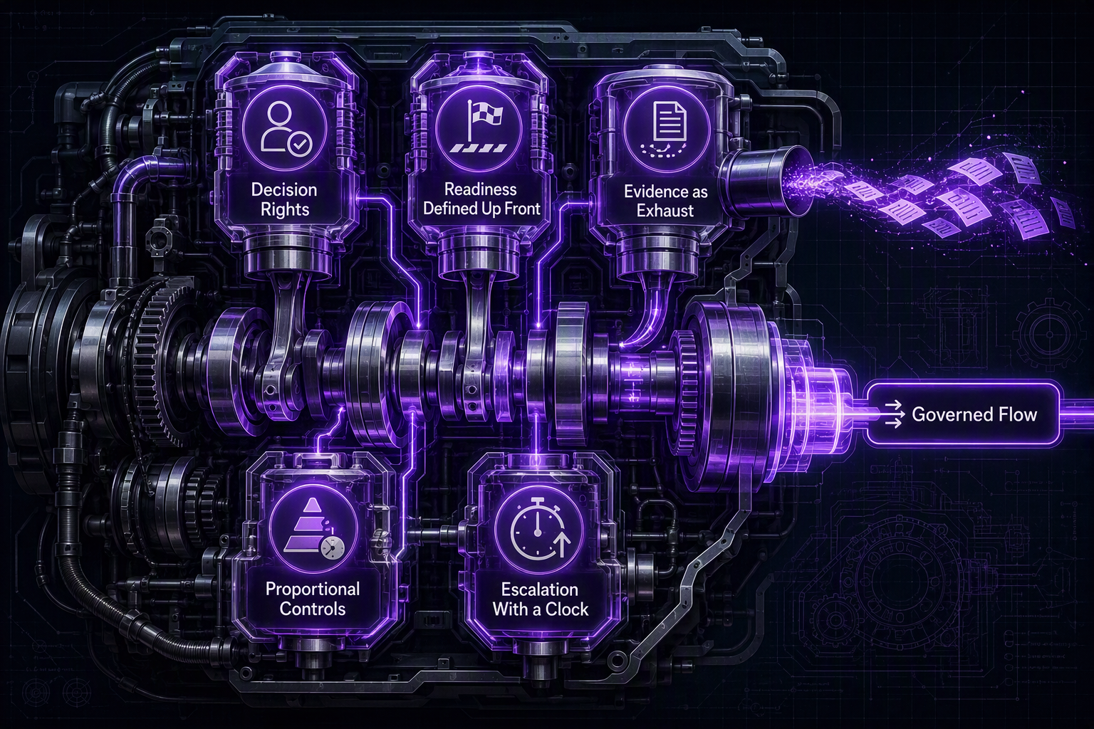A clean executive infographic of a governance engine with five interlocking components labeled Decision Rights, Readiness Defined Up Front, Evidence as Exhaust, Proportional Controls, and Escalation With a Clock, all driving a single output shaft labeled Governed Flow.
