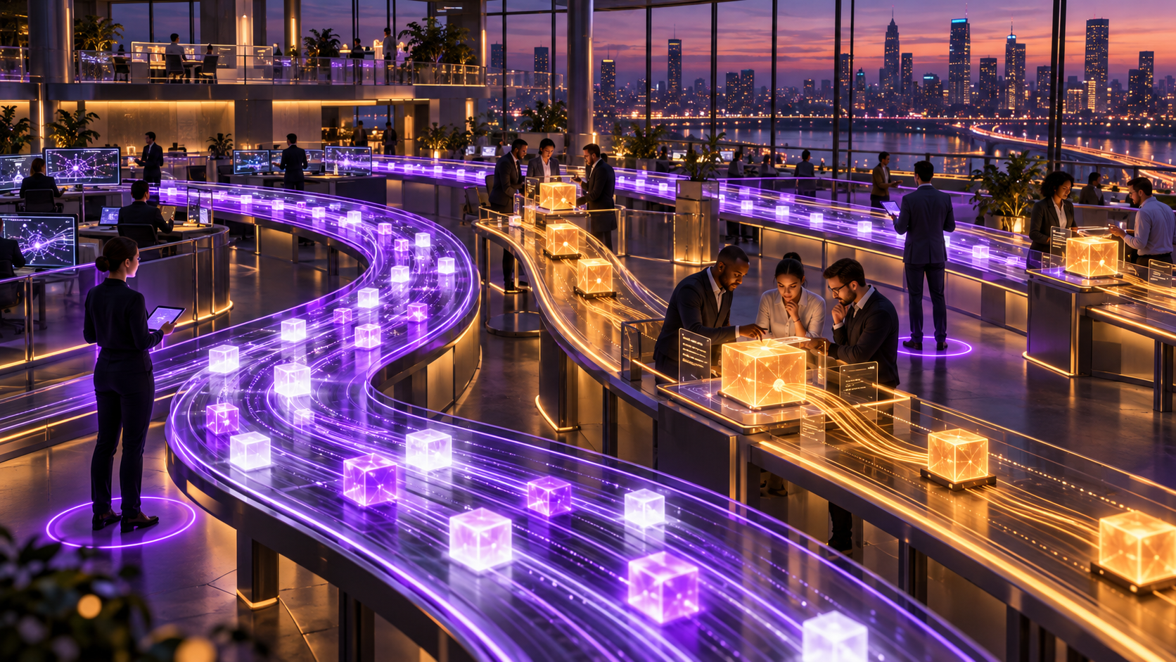 A calm, modern enterprise delivery operations floor where work flows smoothly through clearly lit lanes of different speeds, automated evidence streams follow each change, decision owners are visibly assigned, and a small number of high-risk items receive focused human review.