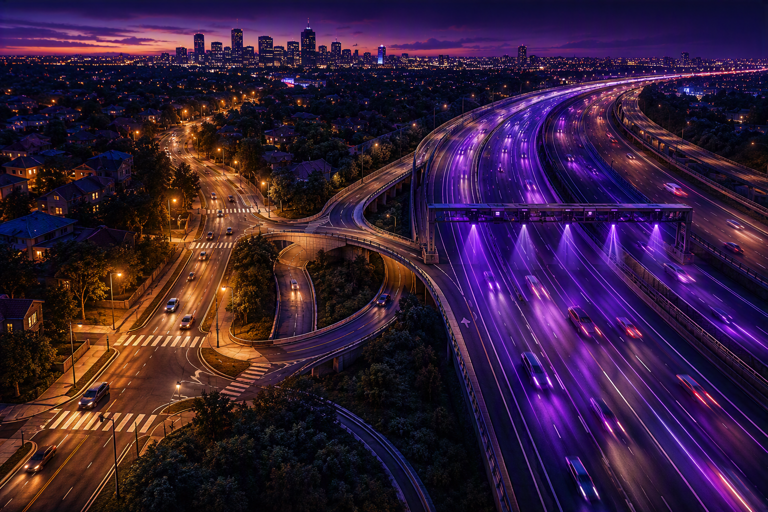 A split highway scene at dusk: on one side, a calm school-zone street with low speed markers and close supervision; on the other, an open interstate with high-speed lanes, guardrails, and automated monitoring gantries, both clearly part of one governed road network.