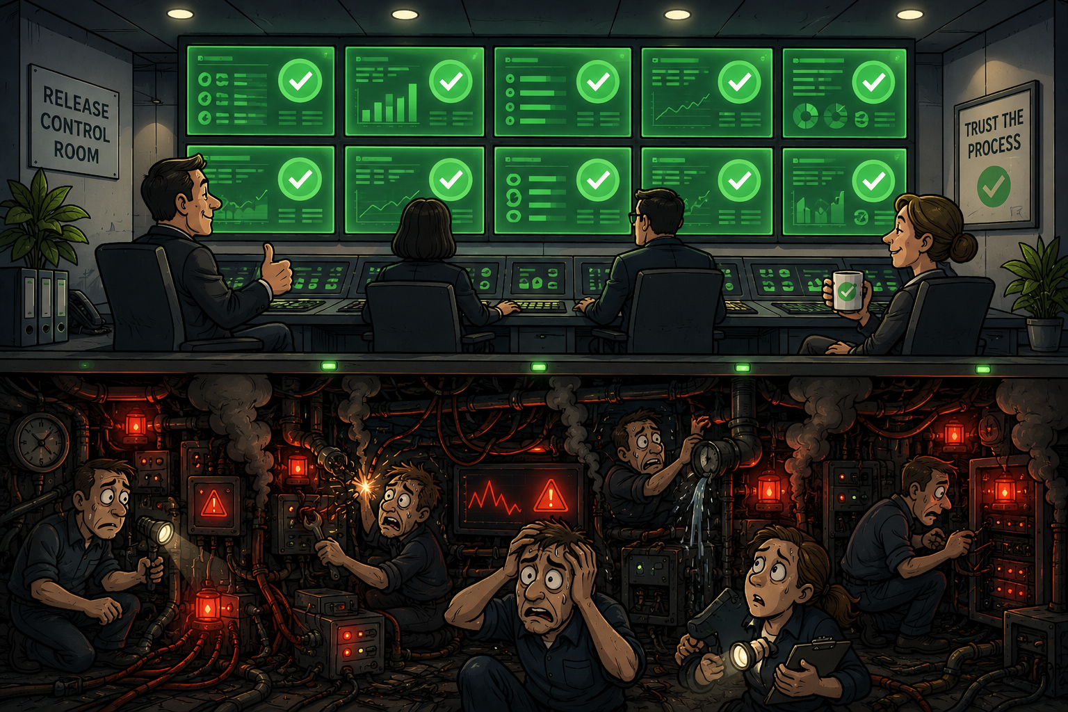 Visual: every visible dashboard is green while red risk signals, smoke, hidden warnings, and release instability glow behind the panels.