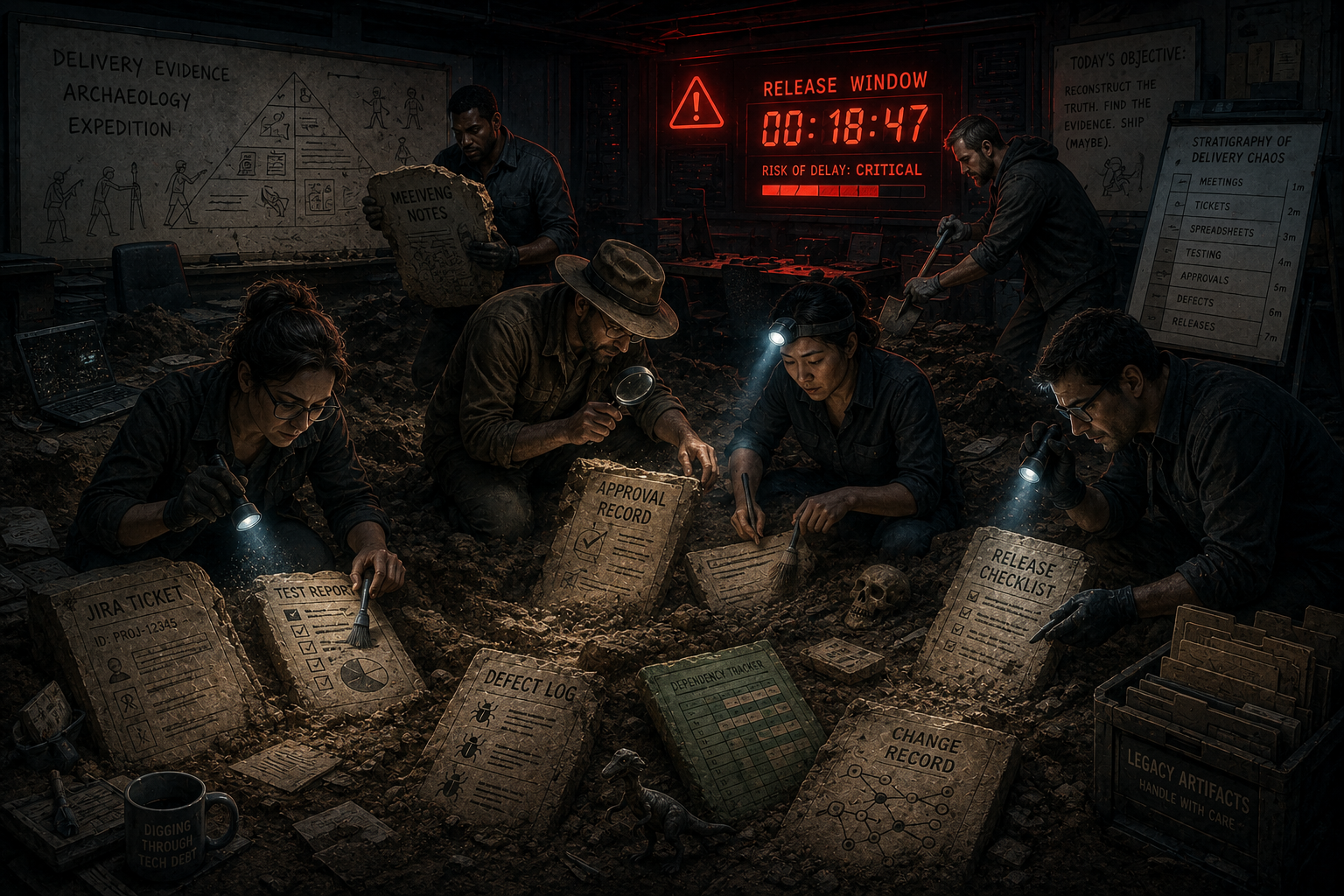 Visual: release governance team with flashlights excavating evidence from piles of tickets, test reports, meeting notes, and approval emails.