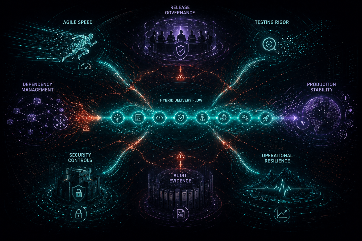 Visual: hybrid delivery operating model with agile teams, test environments, release governance, controls, and evidence all pulling in different directions.