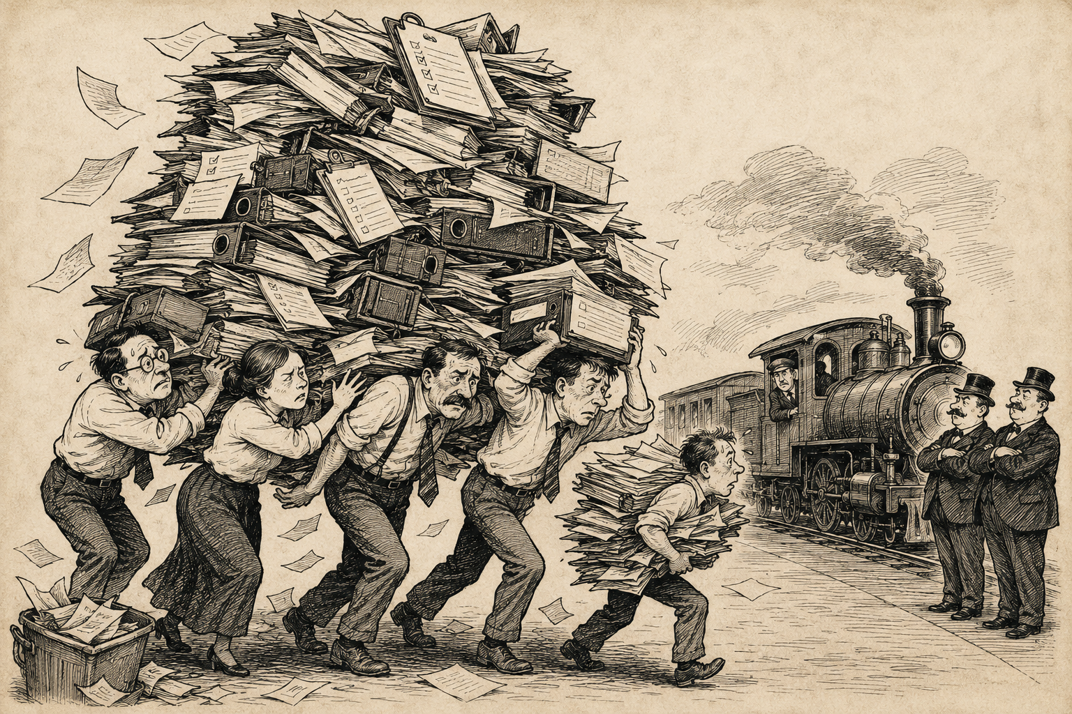 Vintage cartoon-style visual: small delivery team carrying absurd paperwork mountain while release train waits in the background.