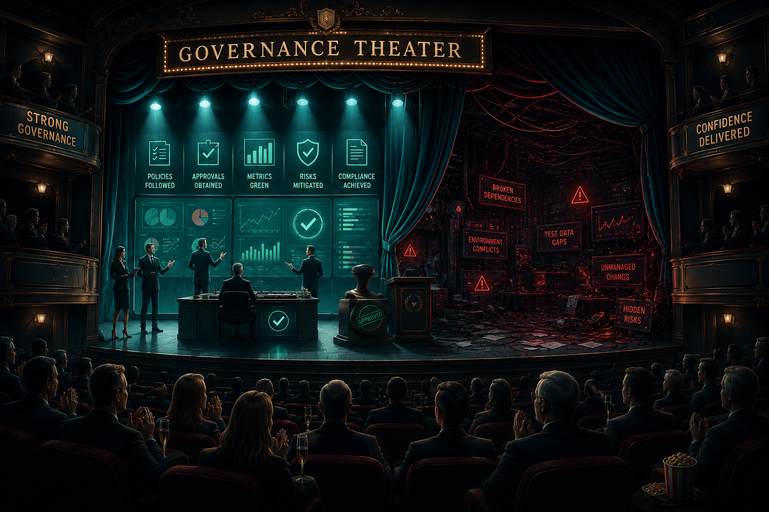 Visual: theater stage with green dashboards, checklists, approval stamps, and status reports performing for leadership while hidden delivery risks glow behind the curtain.