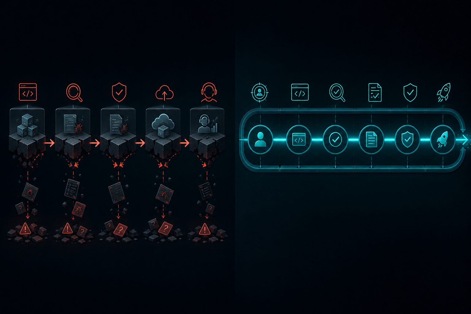 Visual placeholder: a “before and after” delivery system diagram. Left side shows disconnected phases throwing work across walls. Right side shows one connected delivery flow preserving intent, evidence, and readiness.