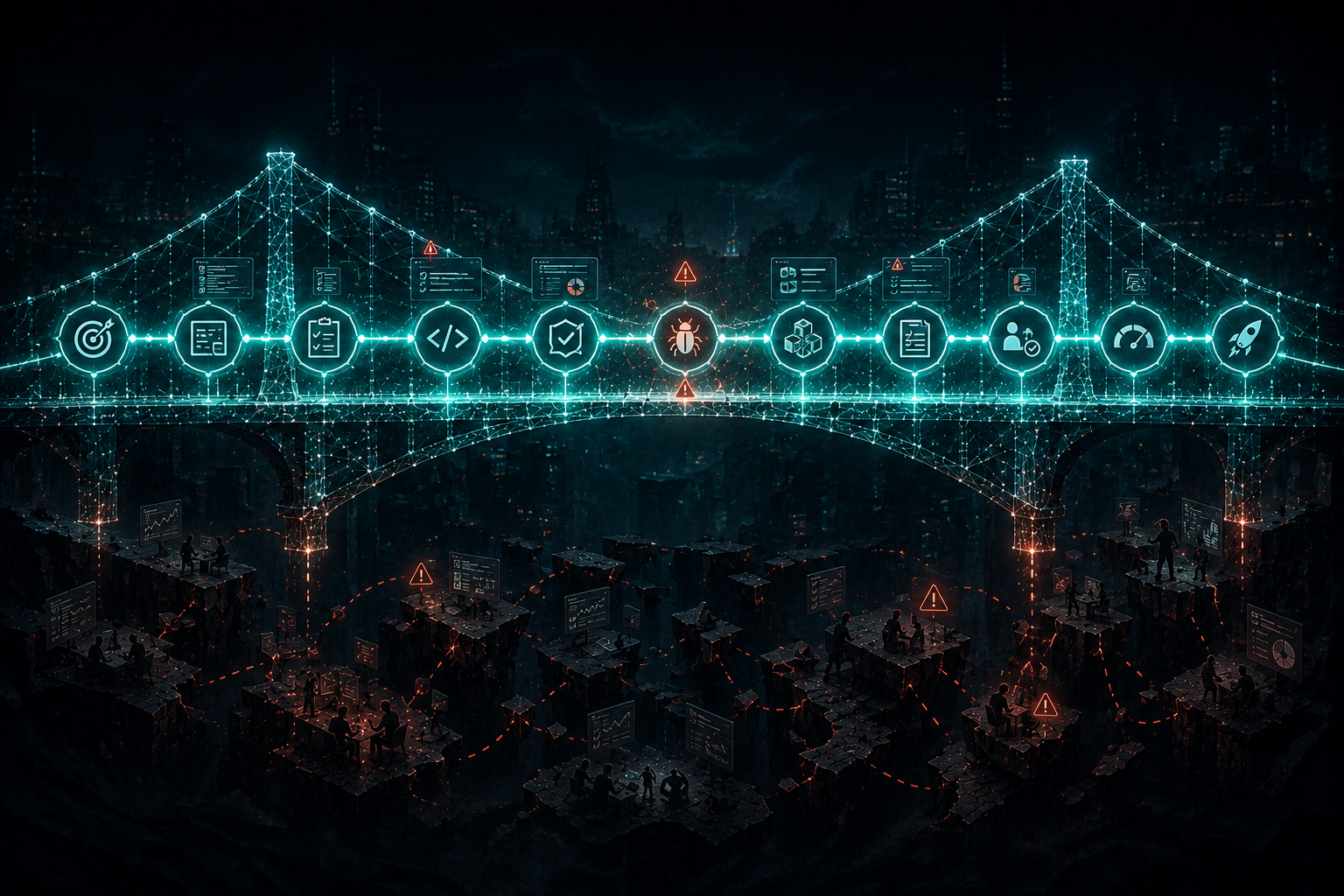 BRIDGE concept visual: a lightweight operating model connecting fragmented delivery artifacts into one continuous flow of intent, evidence, readiness, and release confidence.