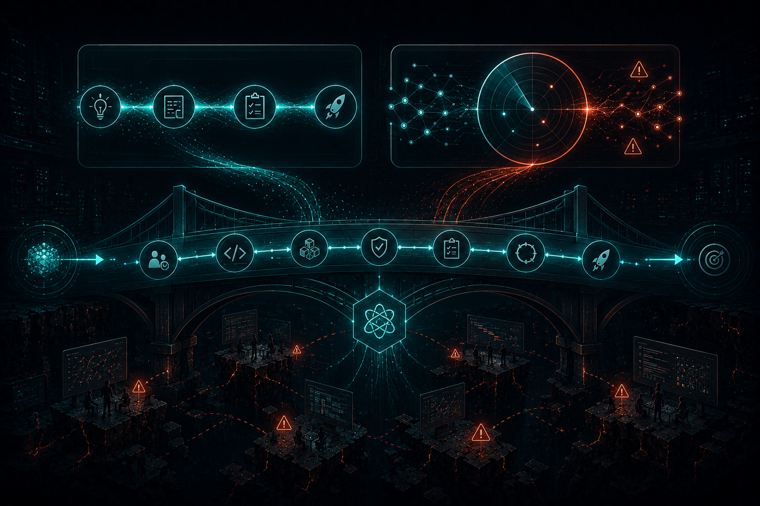 Concept visual: CLEAR and RADAR as modular components inside a lightweight hybrid delivery operating model.