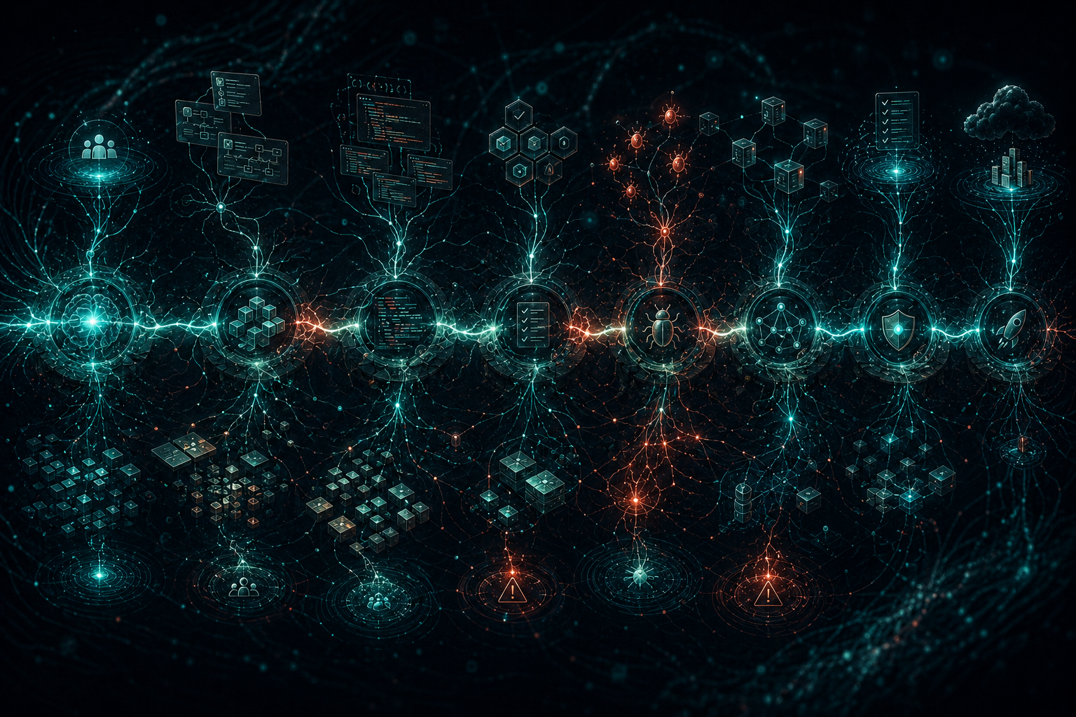 Visual: a connected nervous-system-like thread running through change intent, design, development, testing, evidence, readiness, and release.