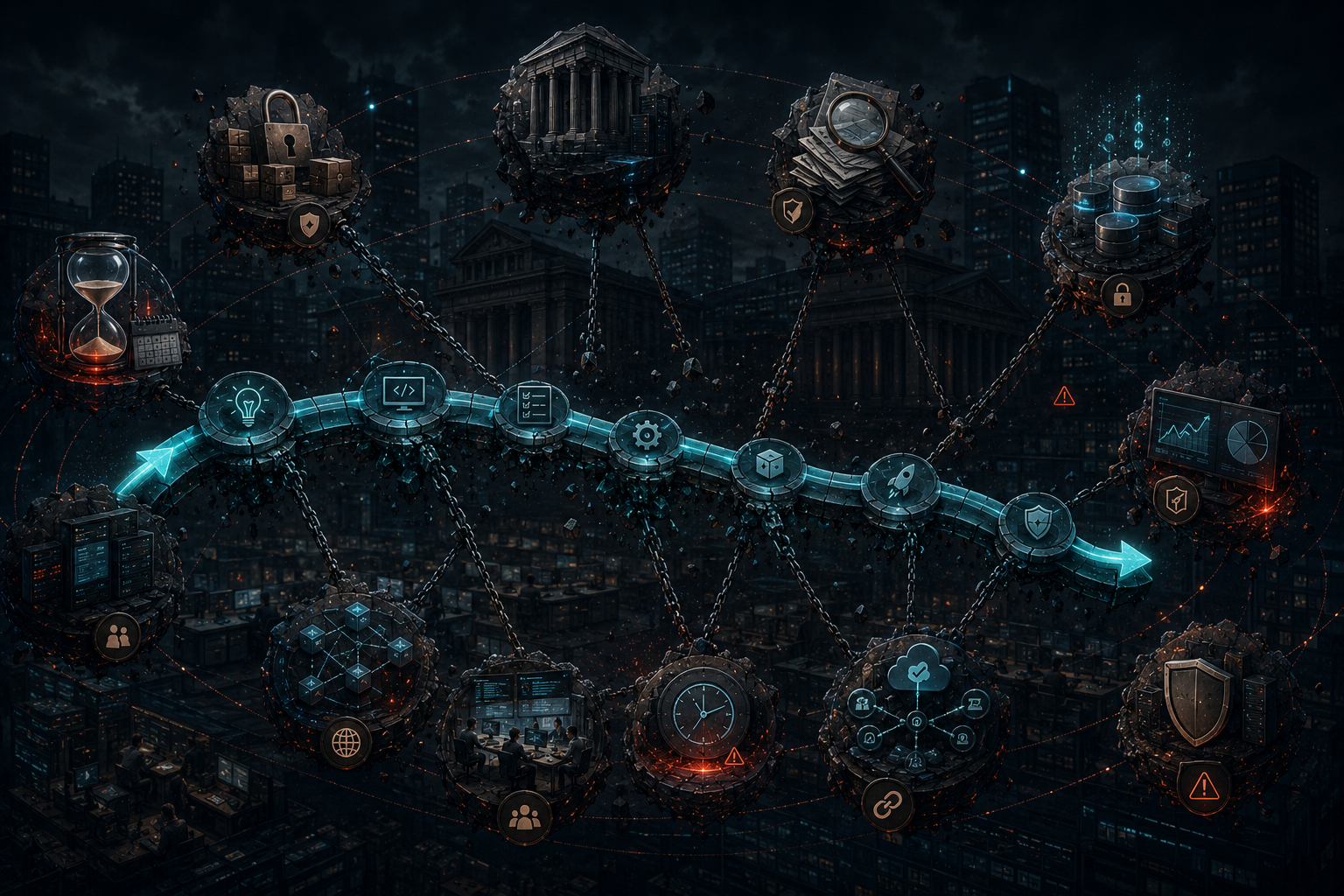 Visual: dense regulated financial services delivery environment with legacy systems, audit evidence, data controls, shared environments, and release governance orbiting the delivery flow.
