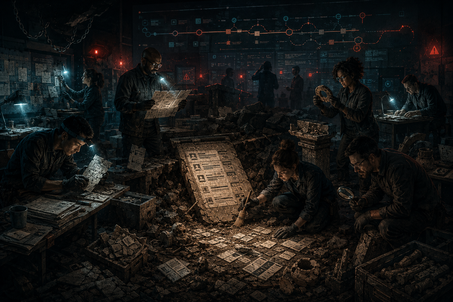 Satirical visual: enterprise teams performing forensic archaeology across spreadsheets, meeting notes, Jira tickets, and release evidence.