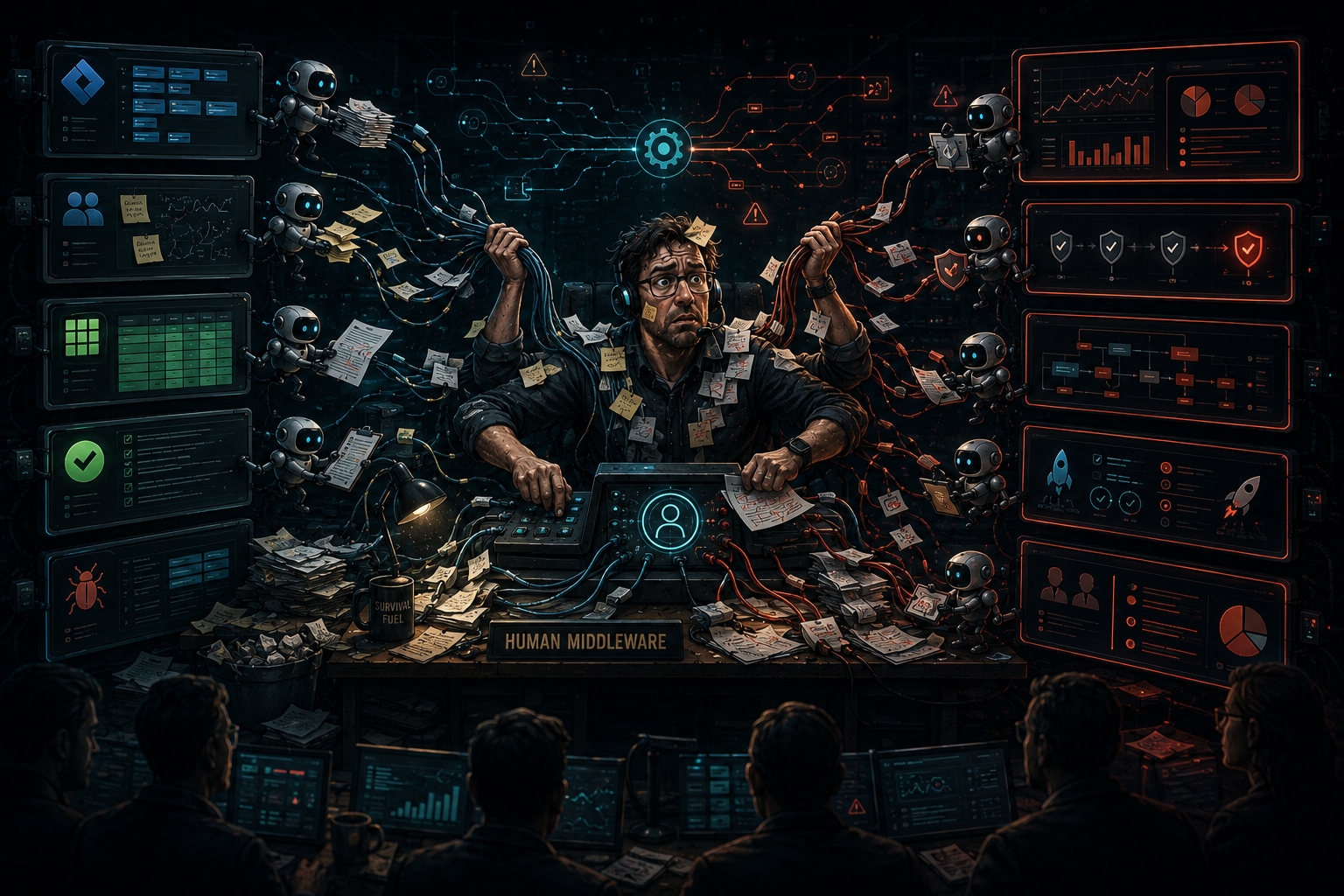 Satirical visual: a person acting as human middleware between disconnected enterprise tools and teams.