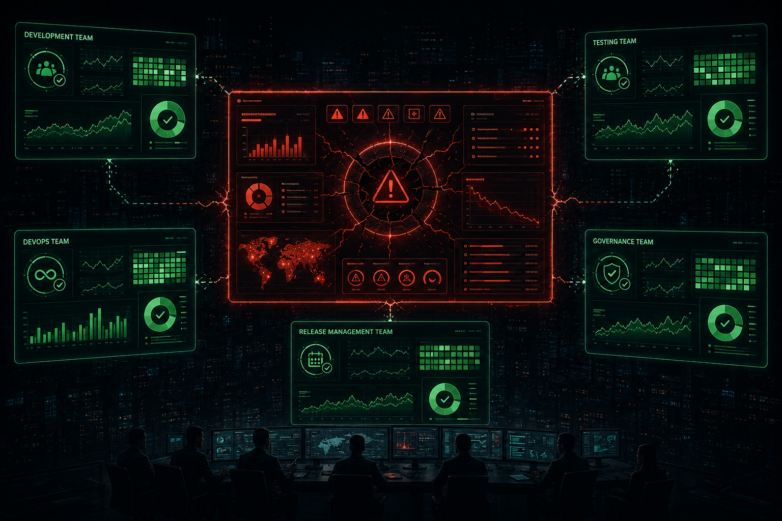 Visual: disconnected dashboards showing green local metrics while the integrated release status glows red.