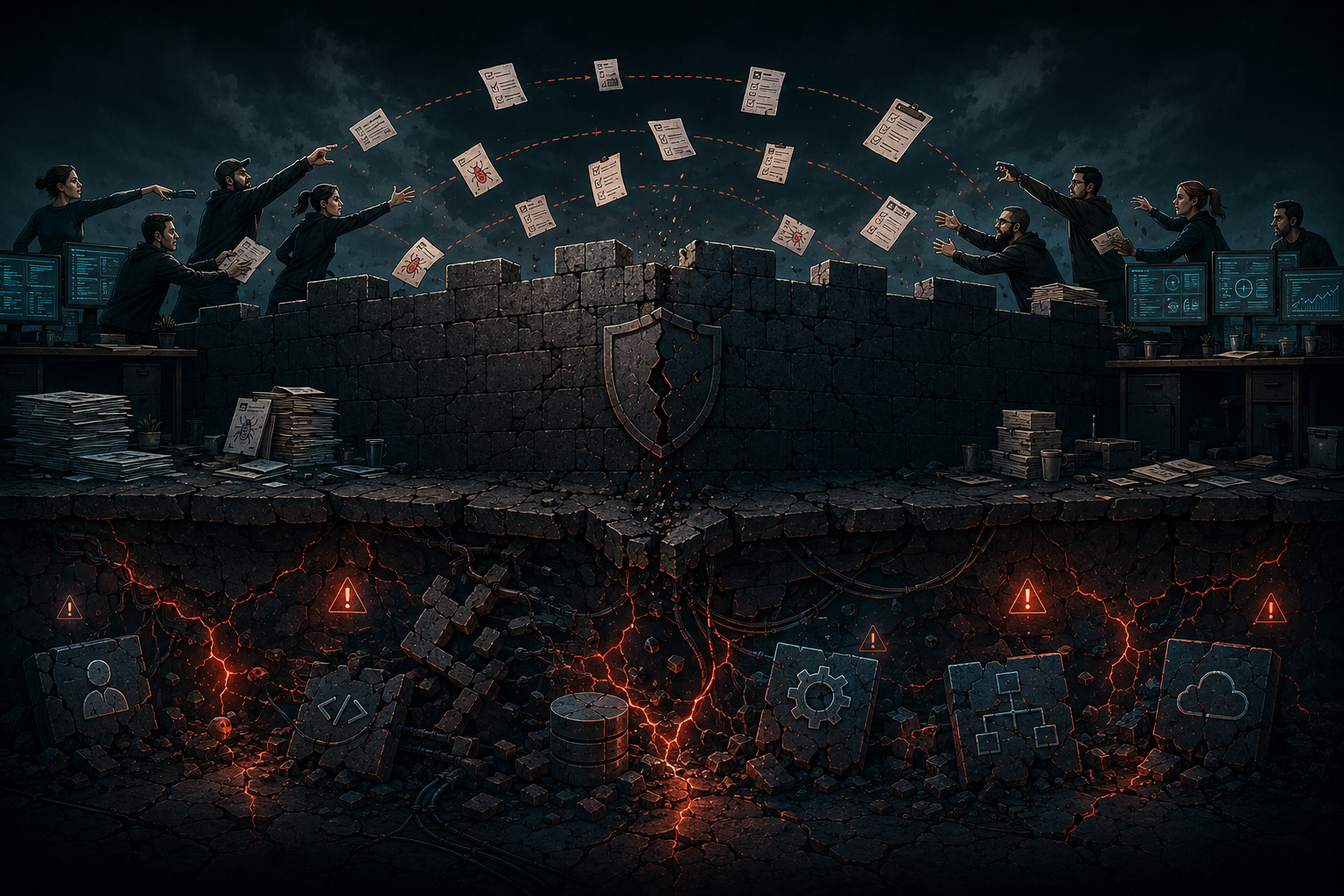 Satirical visual: teams throwing delivery artifacts over a wall while the real system fractures underneath.