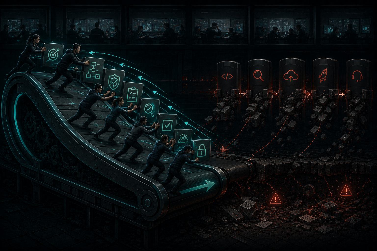 Satirical visual: shift-left treadmill adding earlier gates without redesigning the delivery system.