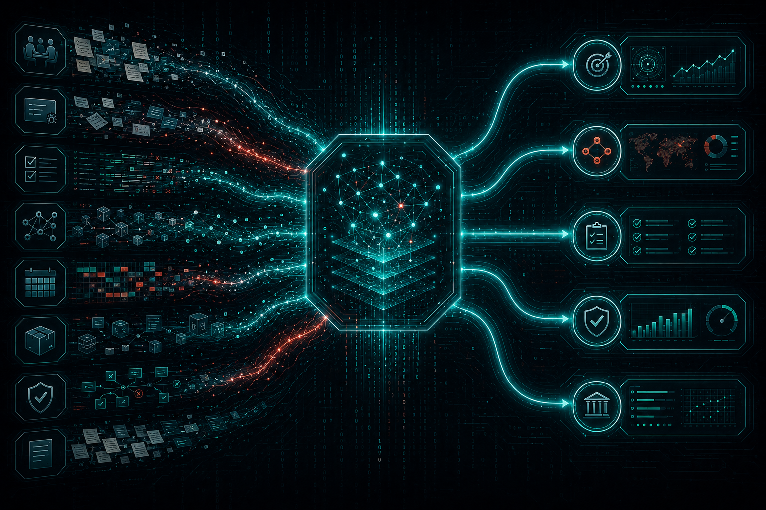 Visual placeholder: a signal extraction diagram showing meeting notes, tickets, test data, dependencies, and release artifacts feeding a unified delivery intelligence layer.