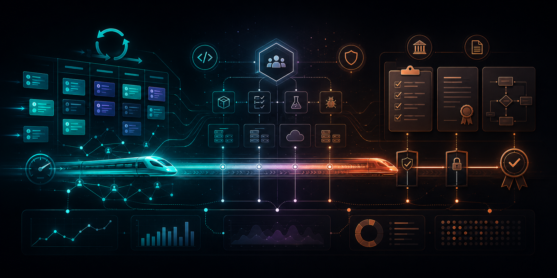 Visual placeholder: a polished infographic showing agile development on one side, structured testing and governance on the other, with a shared release train in the middle.
