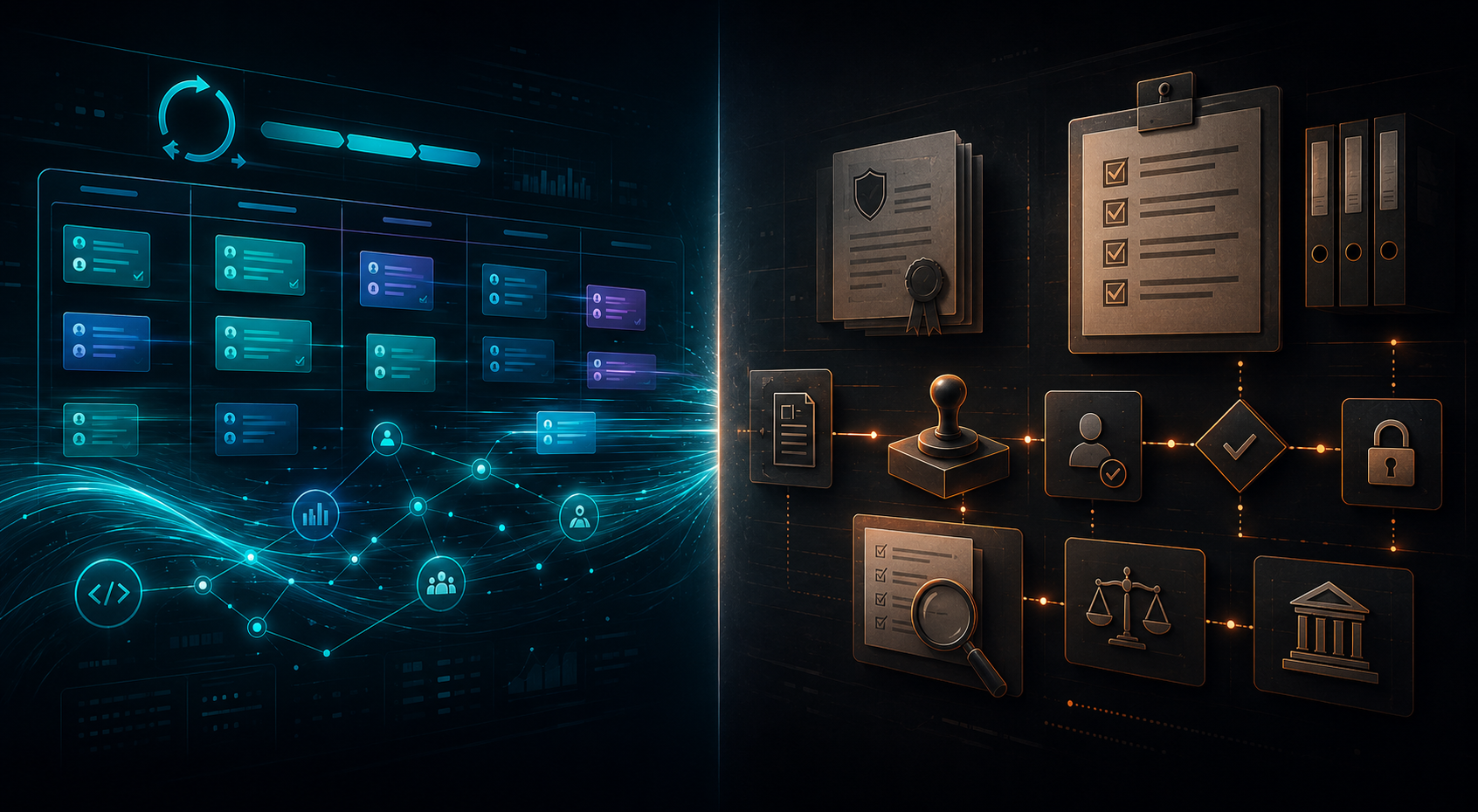Visual placeholder: a side-by-side image: on the left, a sprint board; on the right, a release governance checklist with approvals, evidence, and readiness gates.