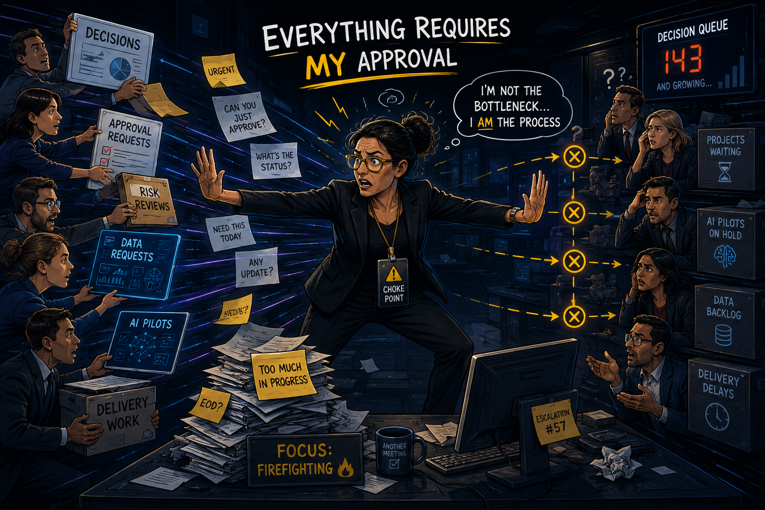 Leadership bottleneck cartoon placeholder: an overloaded technology leader physically blocking the flow of decisions, approvals, data, AI pilots, and delivery work.
