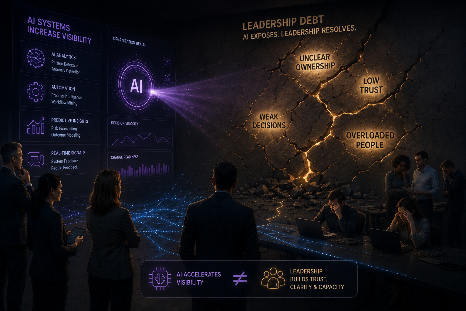 Visual: AI transformation program where shiny AI systems cannot compensate for unclear ownership, low trust, weak decisions, and overloaded people.