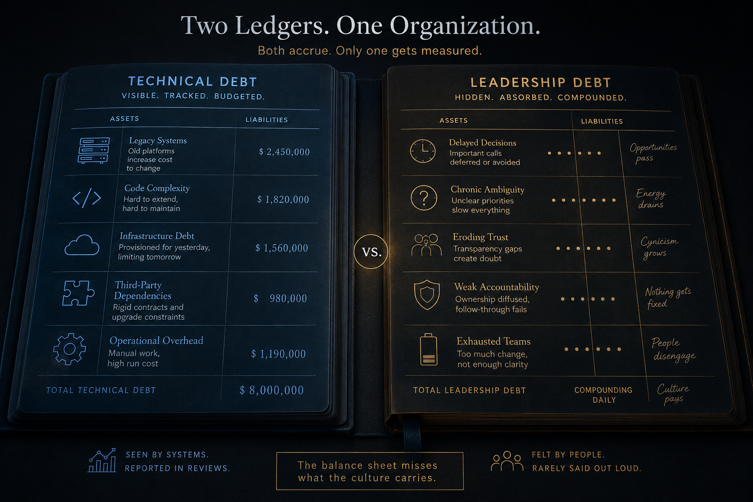 Visual: two executive ledgers side by side, one labeled technical debt with systems and code, the other labeled leadership debt with ambiguity, trust erosion, delayed decisions, and burnout.