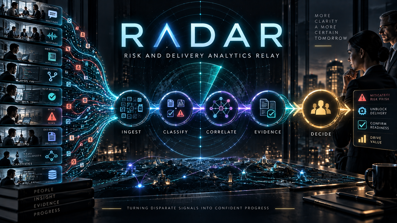 RADAR acronym identity visual spelling out Risk and Delivery Analytics Relay with a disciplined signal flow from source artifacts through classification, correlation, evidence, and human-reviewed action.