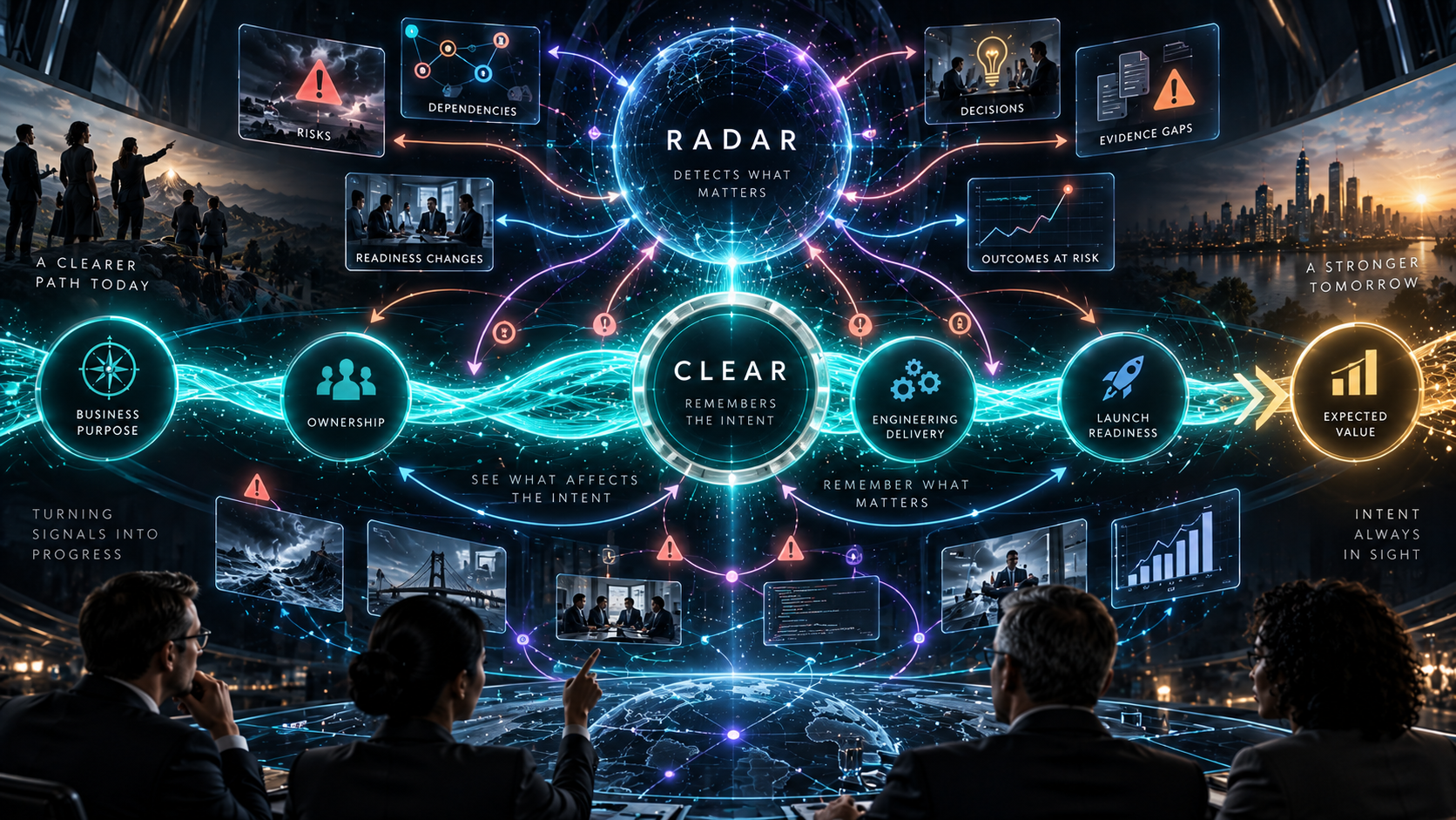 CLEAR and RADAR relationship visual showing captured enterprise intent on one side and dynamic delivery signals on the other, connected through outcomes, ownership, readiness, evidence, and value.