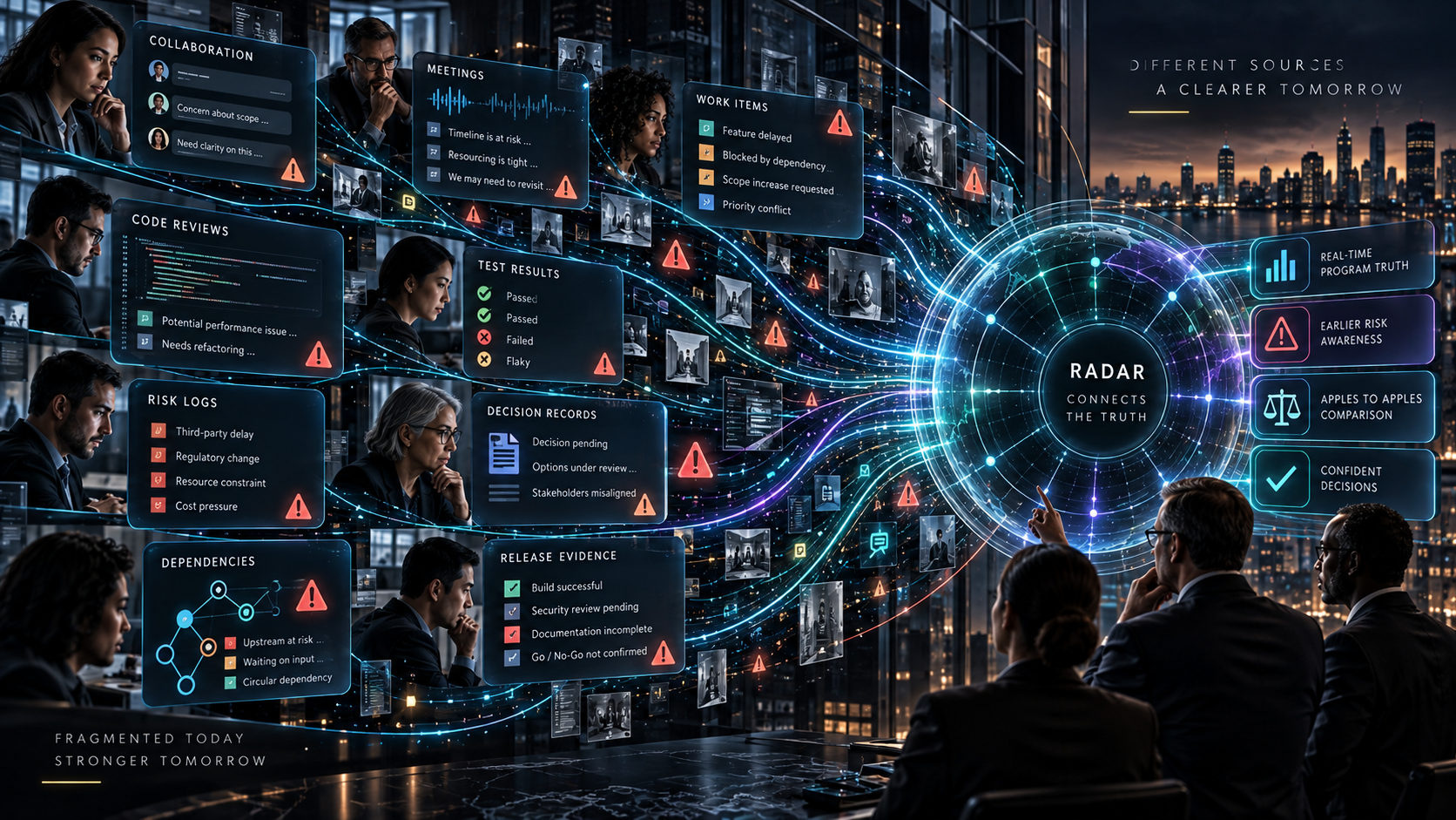 Distributed program signal field showing delivery warnings hidden across Microsoft Teams, Slack, meeting transcripts, GitHub pull requests, Jira or Azure DevOps work items, test results, risk logs, decisions, and release evidence.