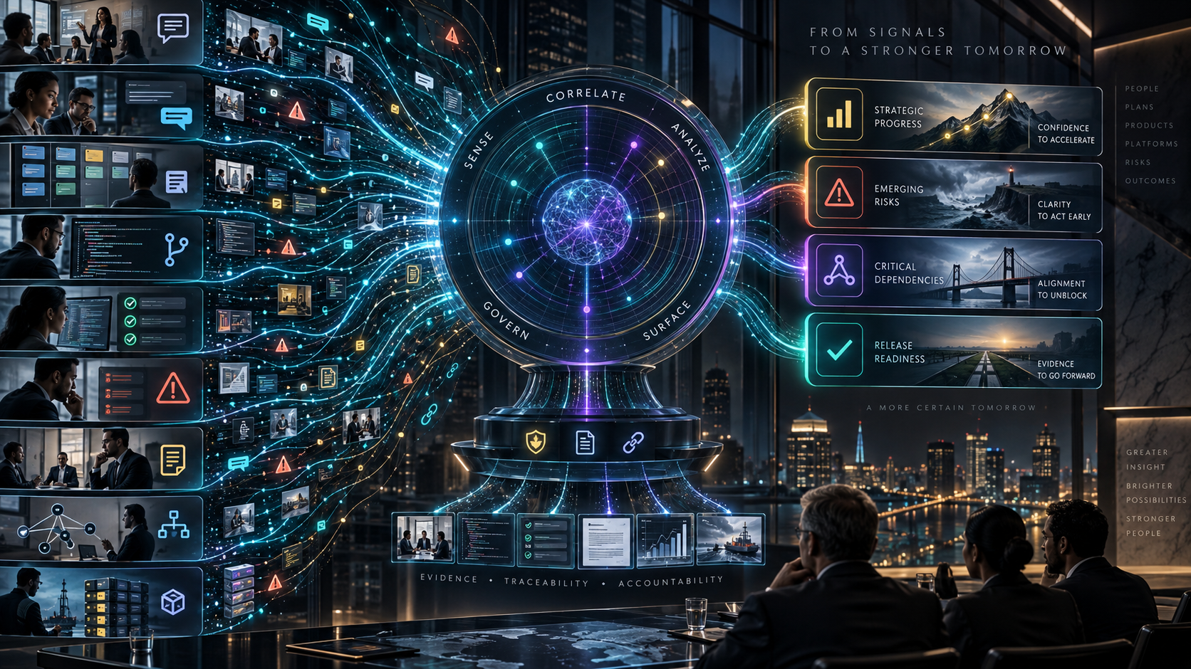 RADAR program intelligence hero showing weak delivery signals emerging across meetings, collaboration channels, delivery tools, risk logs, pull requests, tests, decisions, and dependencies before converging into a governed executive intelligence layer.