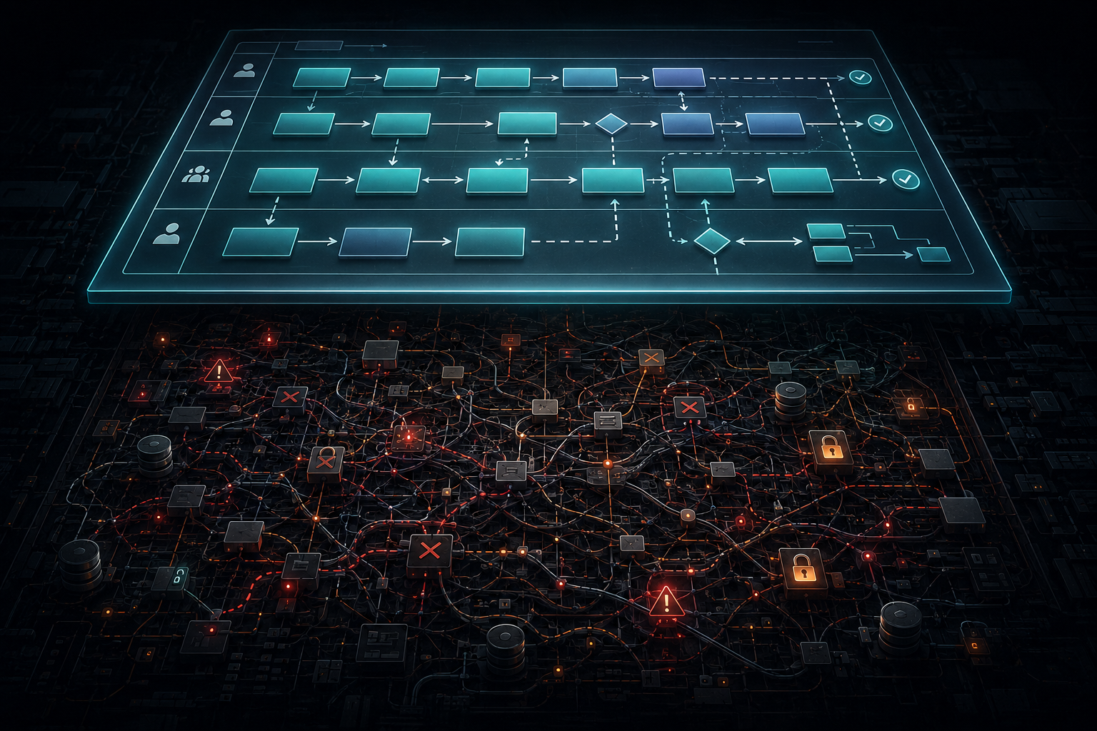 Visual placeholder: dark satirical illustration of a giant framework diagram overlaying tangled release dependencies and test environment locks.
