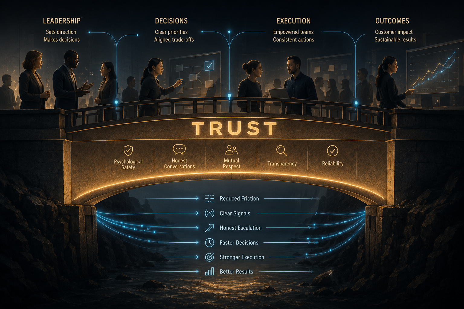 Visual: enterprise operating model where trust acts like a load-bearing bridge reducing friction between leadership, teams, decisions, and execution.