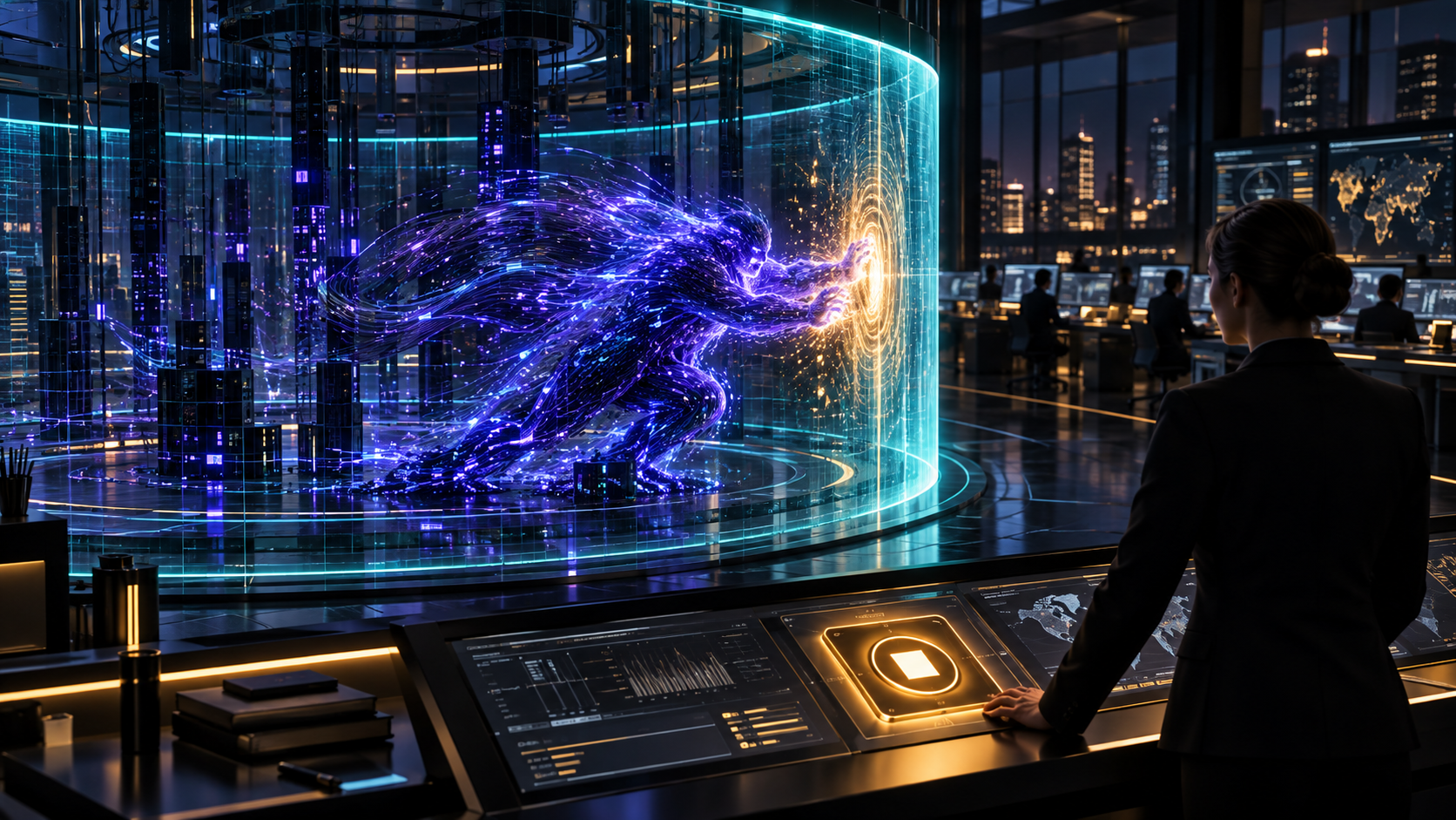 An enterprise operations floor at night where a single AI agent pushes against a glowing runtime boundary while an independent control station outside the boundary holds a clearly marked stop mechanism within reach of a human operator.